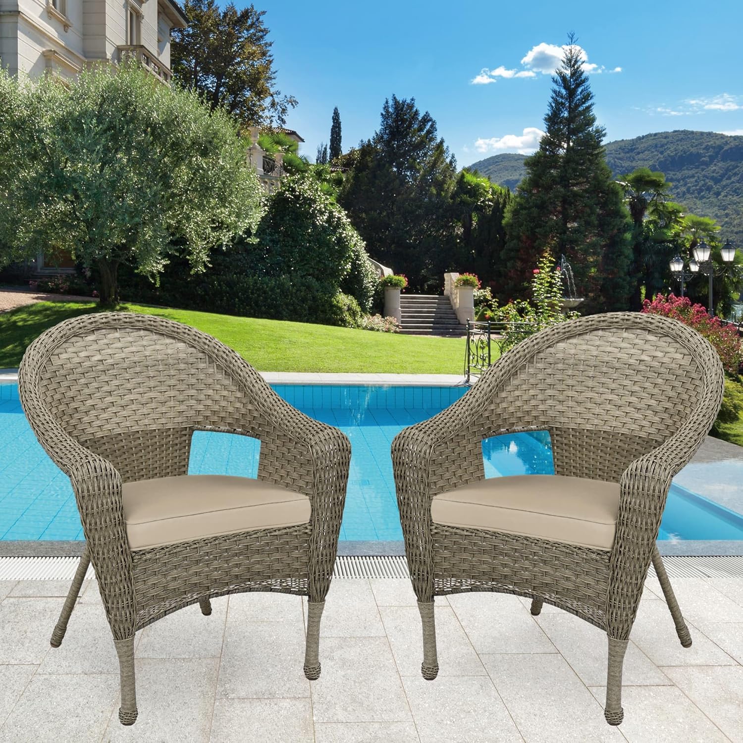 Jeco Grey Resin Wicker Clark Single Chair Set of 2 - with Tan Cushion