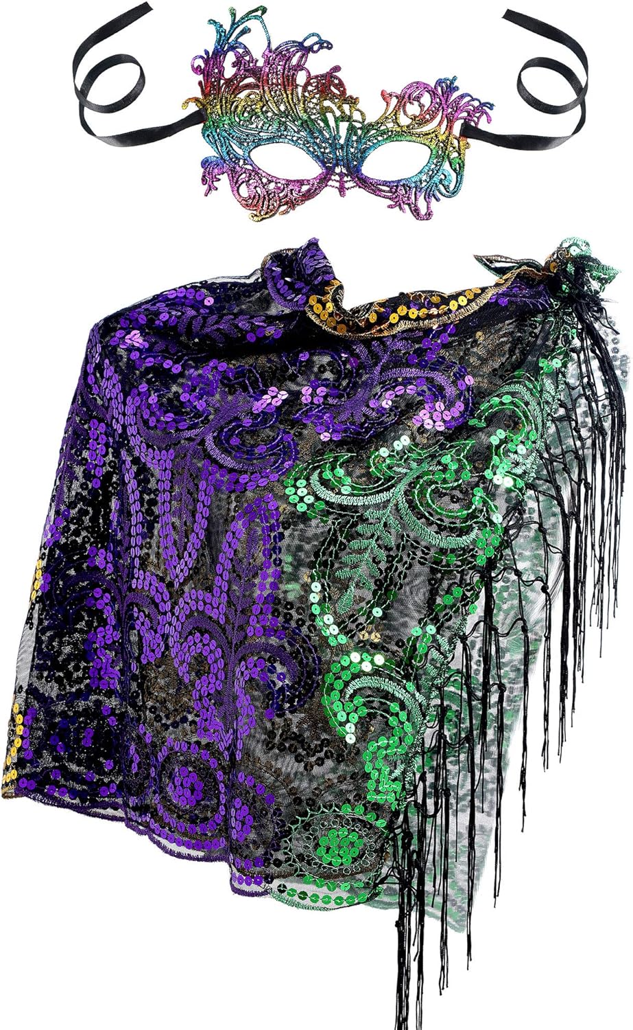 Mardi Gras Costume for Women Mardi Gras Outfit Accessories Mesh Scarf Shawl with Tassel Mask for Masquerade Carnival Party - Image 4