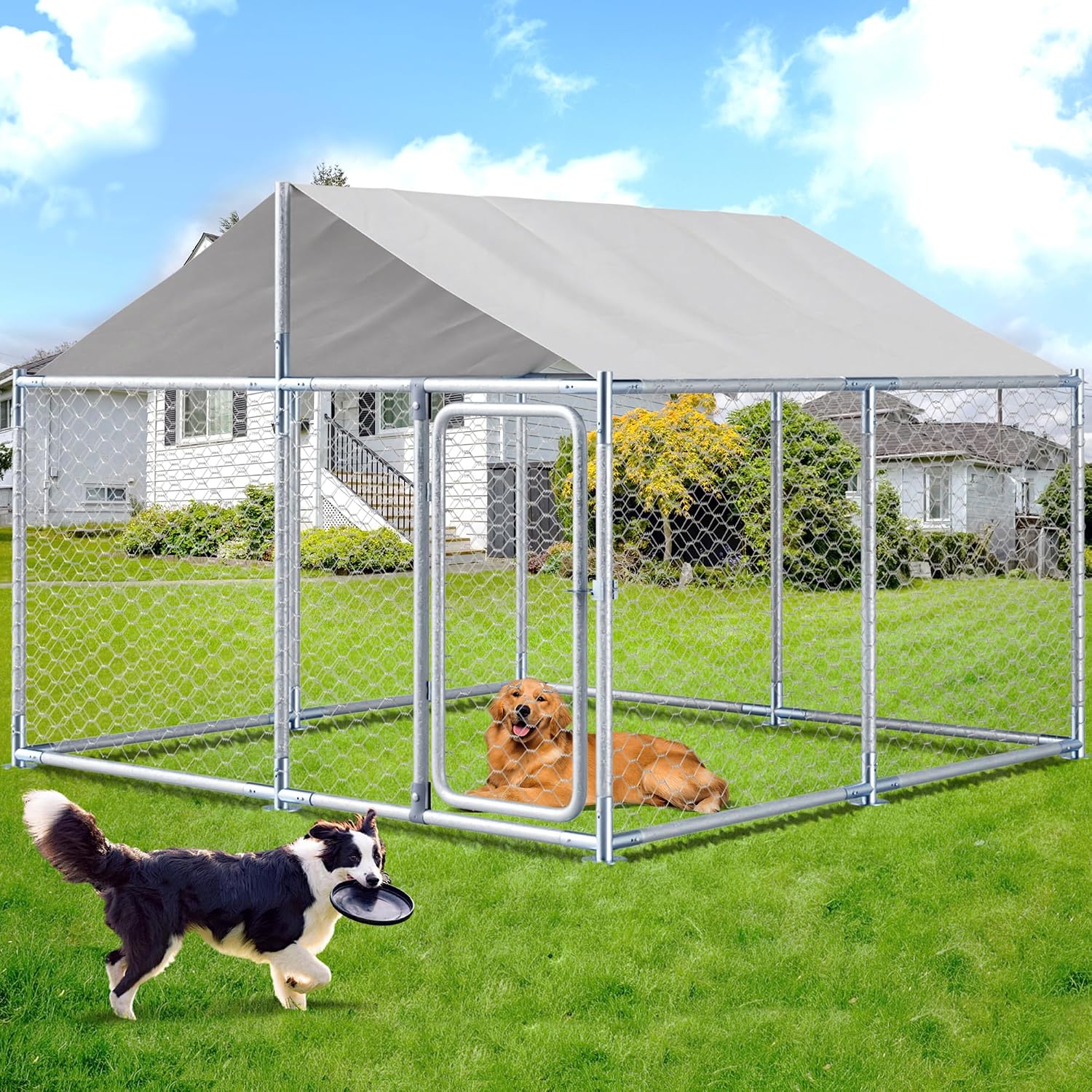 Large Outdoor Dog Kennel with Roof, Outside Heavy Duty Dog Run Enclosure House Pet Playpen with Galvanized Chain Link Waterproof Cover (10 x 10 FT)