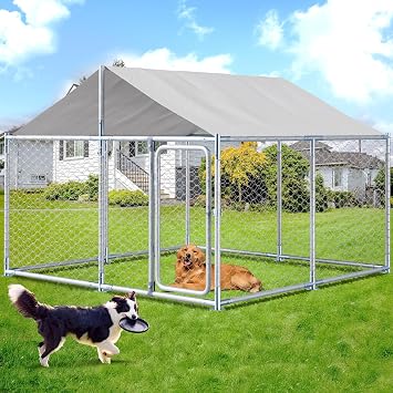 Large Outdoor Dog Kennel with Roof, Outside Heavy Duty Dog Run Enclosure House Pet Playpen with Galvanized Chain Link Waterproof Cover 7.5 x 7.5 FT
