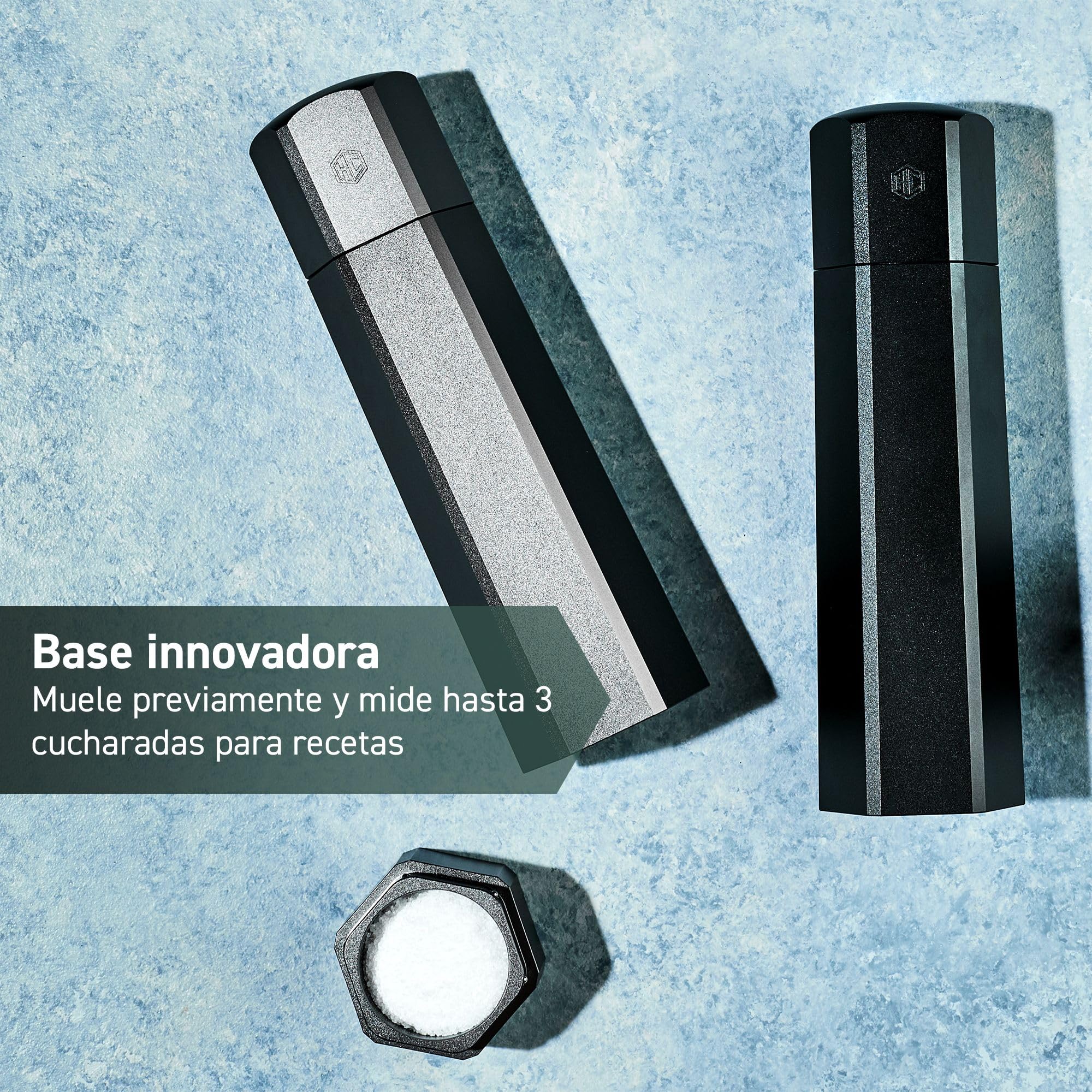HexClad Molinillo de Sal HexMill, Grado Profesional, Resistente, Recargable, Aluminio Gris Metalizado, Diez Configuraciones de Molienda Gruesa Ajustables
