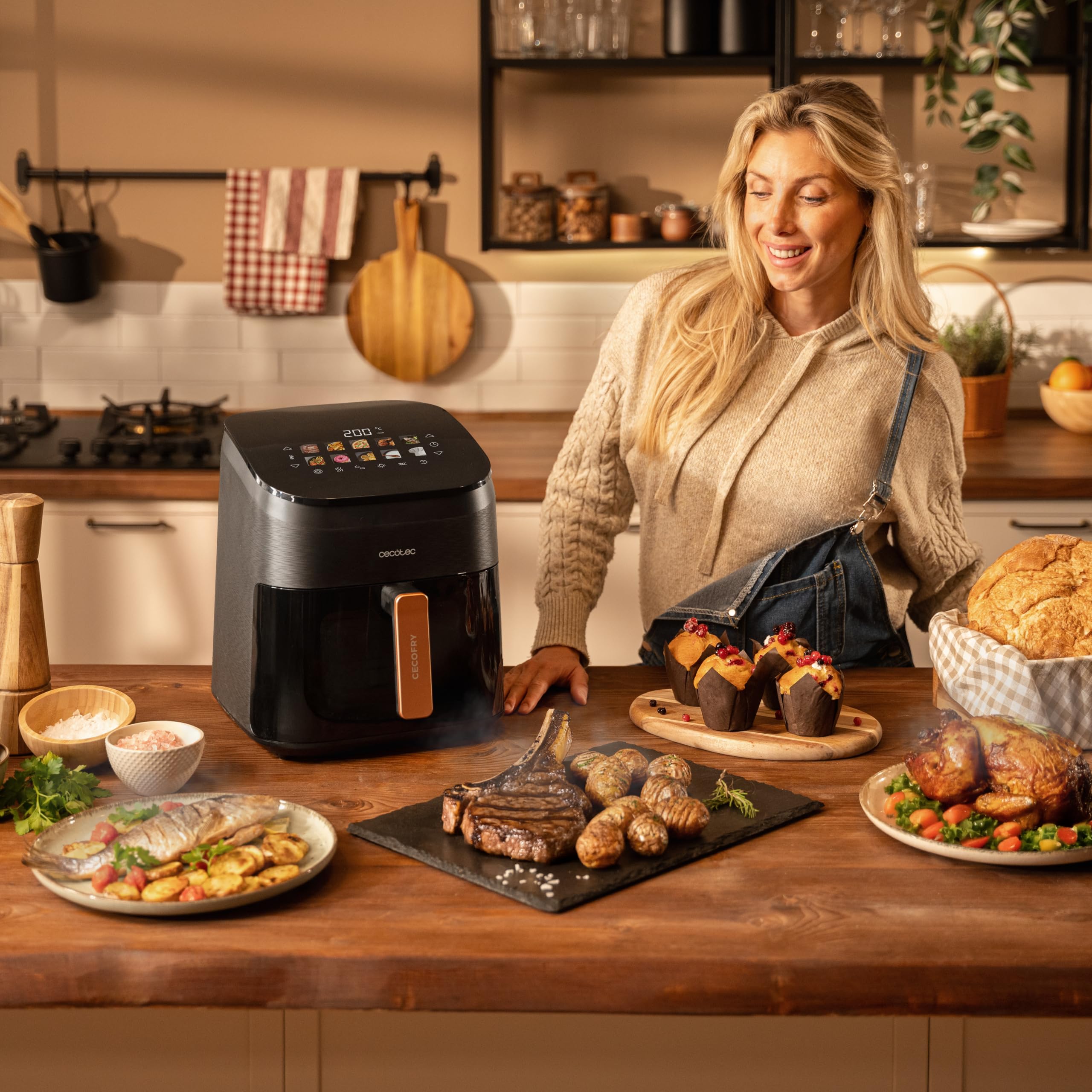 Cecotec Frytkownica bezolejowa z grillem 6,5 l Cecofry&Grill Smokin' 6500 Plus, 2200 W, frytkownica, grill i żelazko, regulacja temperatury 40-200 stopni, zintegrowany wędzarnia, podwójny grill, 10