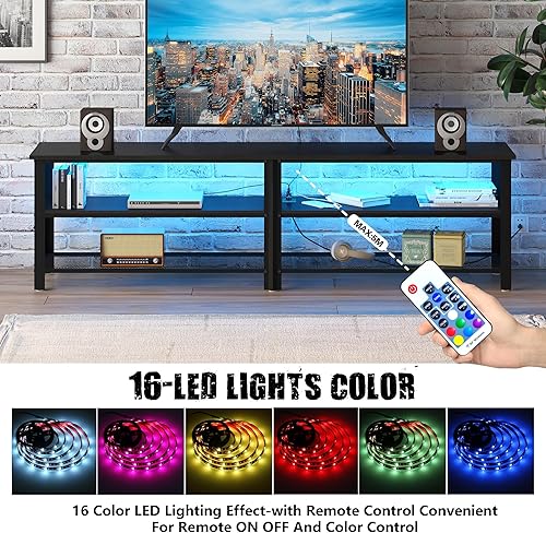 Miniatura 3 de Clikuutory Moderno soporte de TV marrón de 71 pulgadas con luces LED y tomas de corriente para televisores de 50, 60, 65, 70, 75, 80 pulgadas,