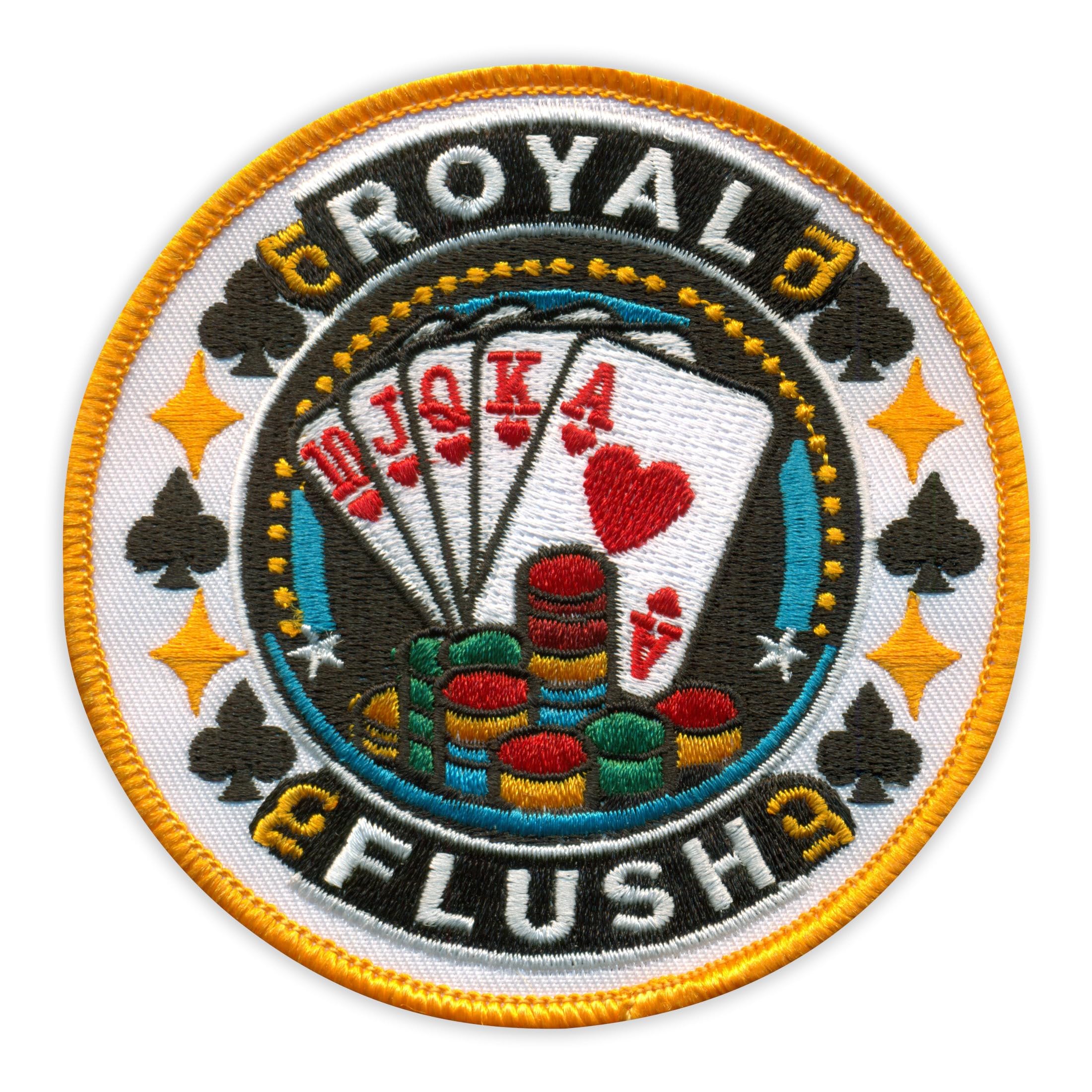 Set di 4 toppe ricamate con scritta "Poker", Royal Flush, forma rotonda, termoadesivo/termoadesivo