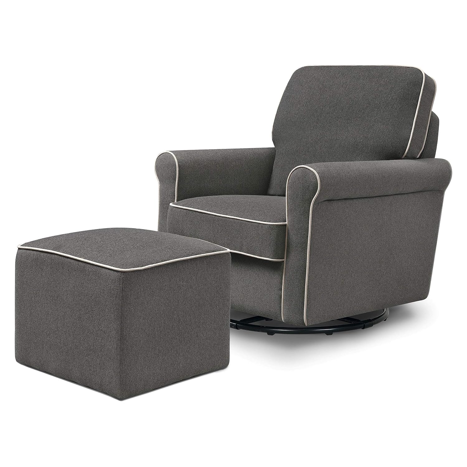 DaVinci Maya Upholstered Swivel Glider and Ottoman in Dark Grey with Cream Piping, Greenguard Gold Certified