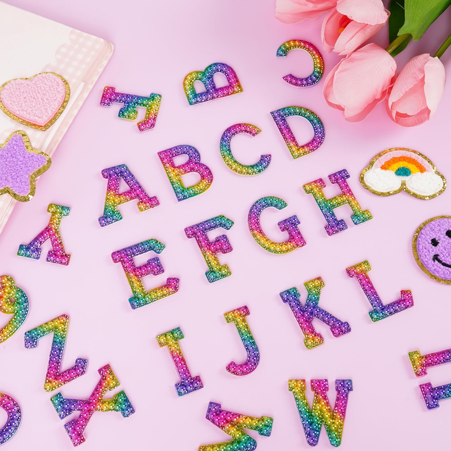 Iron On Letter Patches, 56 Pieces A-Z Alphabet, Rainbow Rhinestone Design with Heart, Smile Face, Star, Rainbow Patches, 2 Pack