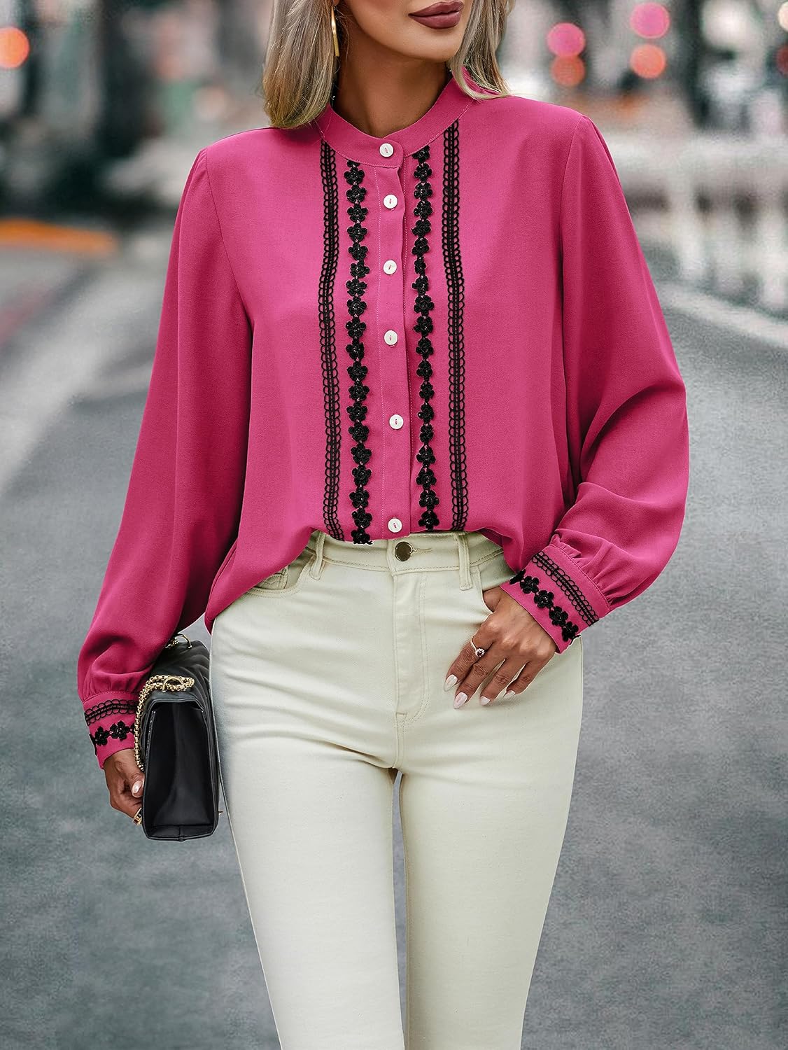 Theenkoln Womens Work Button Blouses: Long Sleeve V Neck Lace Casual Button Down Fall Trendy Shirts - Image 4