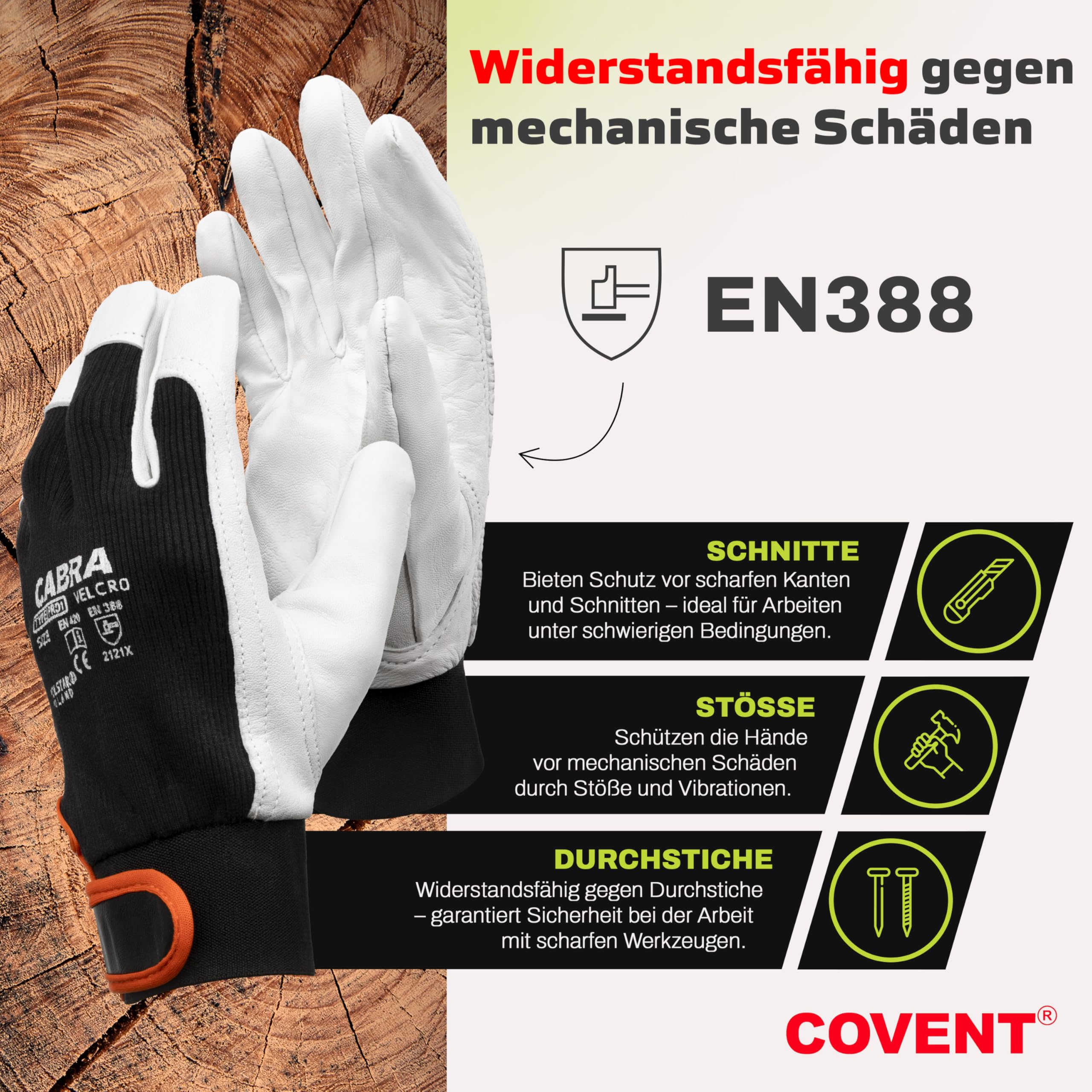 Covent Arbeitshandschuhe Herren Leder Gr 10 - Ziegenleder Handschuhe EN388 2121X – Schutzhandschuhe für Elektriker, Verpackungsmitarbeiter und Gärtner - Elastischer Klettrand