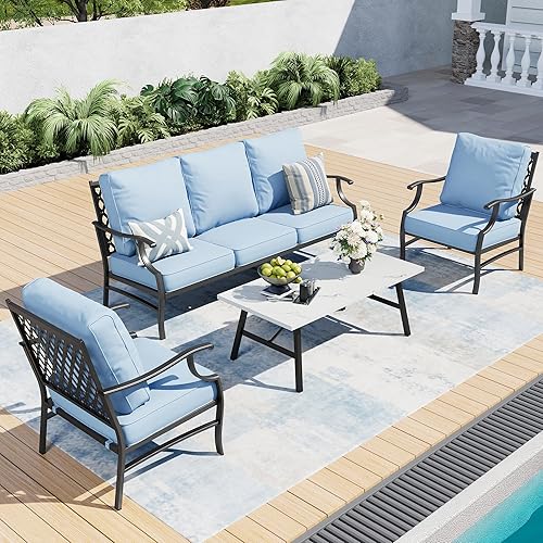 4 Piece Metal Outdoor Patio Furniture Sets, Patio Conversation Sets 1 3-seater Sofa, 2 Fixed Chair with 5.75" Extra Thick Cushion and Coffee Table, Black Frame Backyard Furniture, Blue