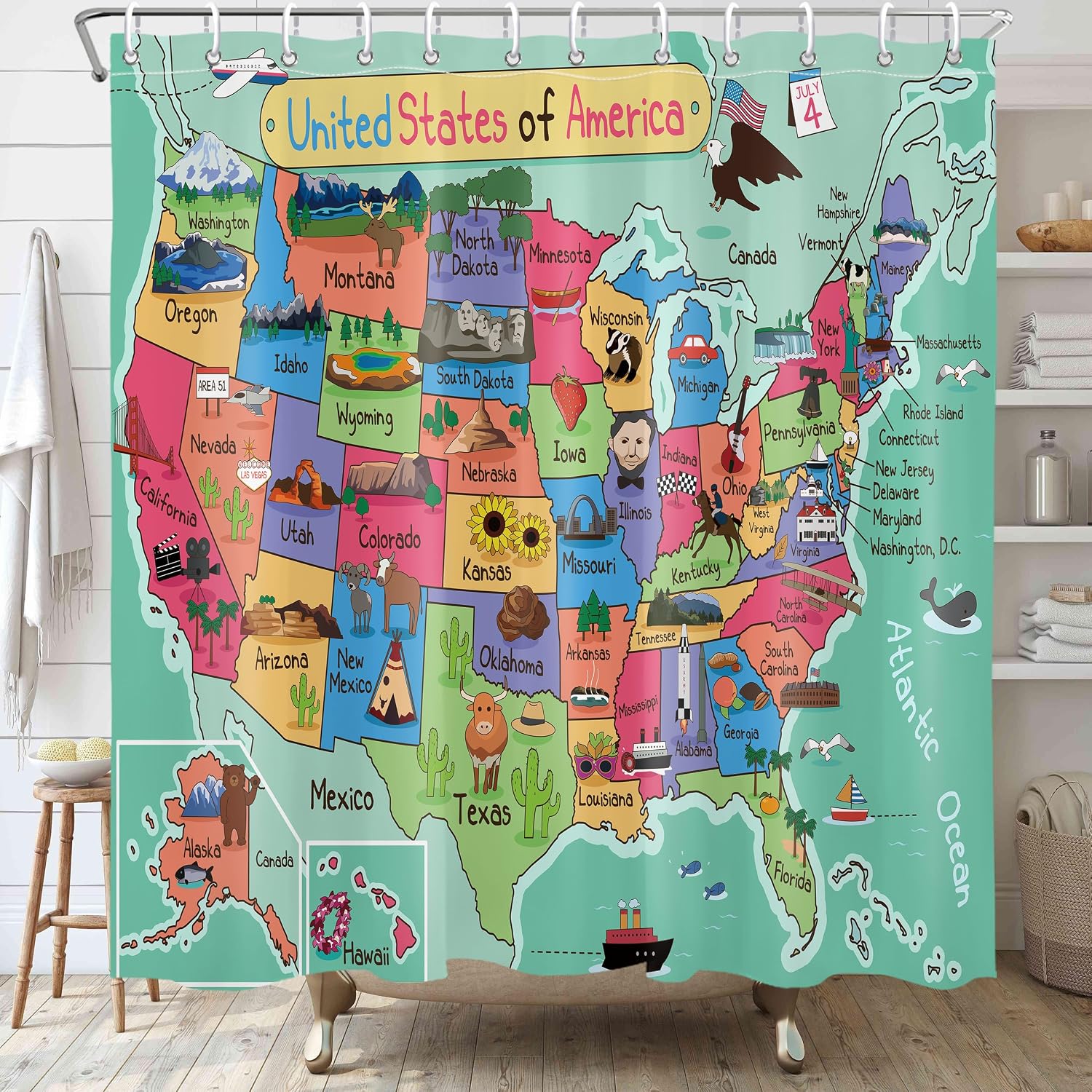 American Map Shower Curtain Fun Kids Bathroom Shower Curtain Set World Map for Kids Shower Curtains Cloth Fabric Shower Curtain