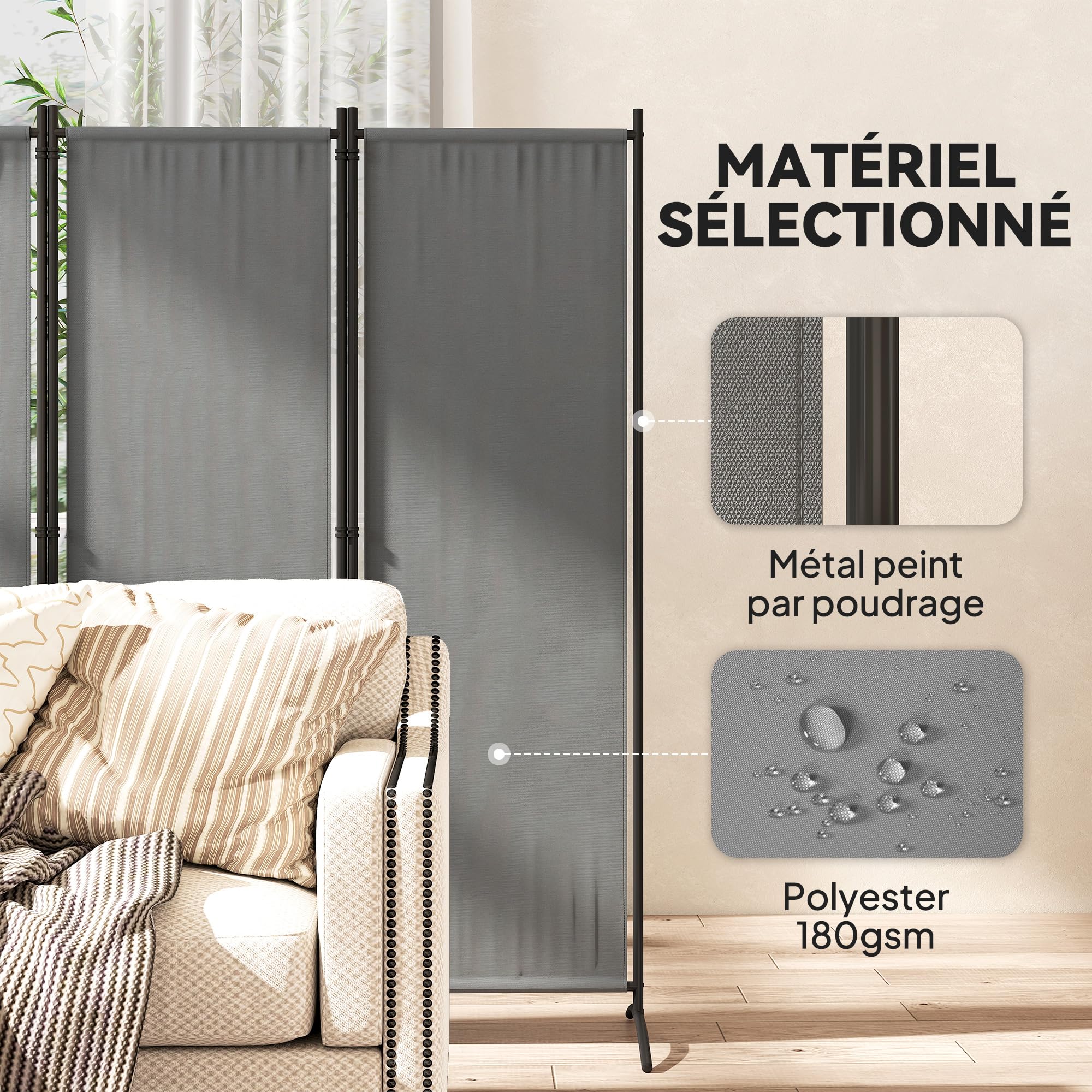 Outsunny Paravent 221 x 172 cm, paravent de Jardin à 4 Panneaux, cloison de séparation avec Pieds Larges, pour terrasse, Piscine, Balcon, en Tissu Polyester de 180 g/m², Gris foncé