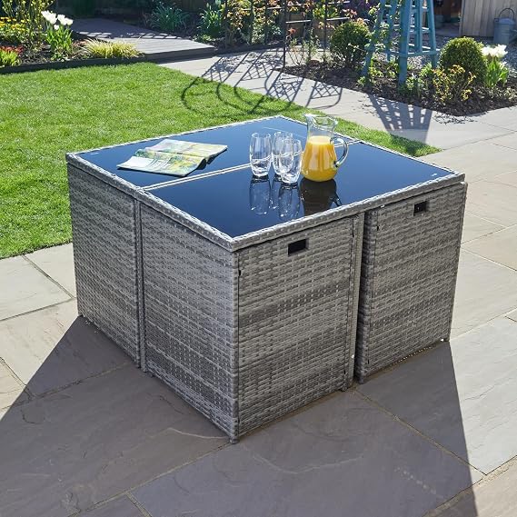 Home Source Pebble Rattan Garden Set 9 Piece – Grey, Steel Frame & Tempered Glass Table | 4 Chairs, 4 Stools, Seats 8 | Patio Set