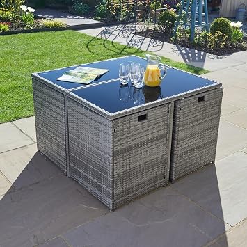 Home Source Pebble Rattan Garden Set 9 Piece – Grey, Steel Frame & Tempered Glass Table | 4 Chairs, 4 Stools, Seats 8 | Patio Set