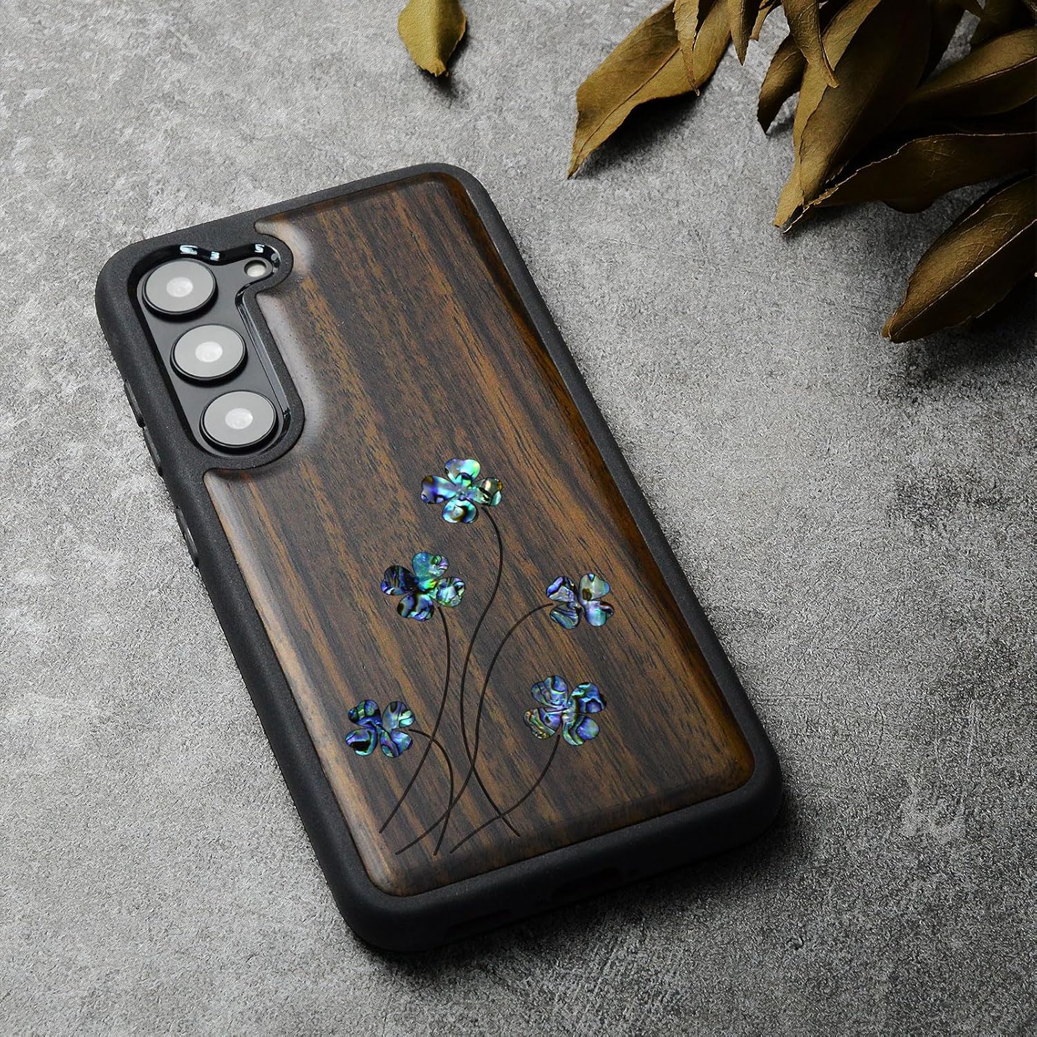 Carveit Designer Wooden Case for Samsung Galaxy S23 Plus Cover [Wood Engraving & Shell Inlay] Compatible with Wireless Chargers Galaxy S23 Plus Case (Four Leaf Clover-Blackwood)