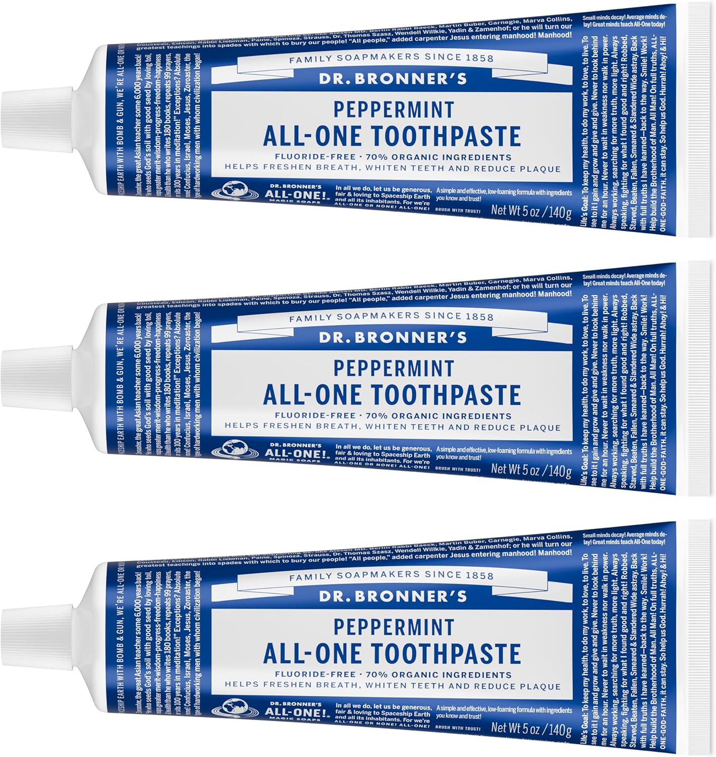 Dr. Bronner's All-One Peppermint Toothpaste Pack of 3, 5oz - Fluoride-Free, SLS-Free, 70% Organic, Vegan, Breath-Freshening