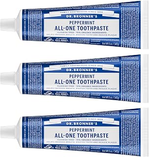 Dr. Bronner's All-One Peppermint Toothpaste Pack of 3, 5oz - Fluoride-Free, SLS-Free, 70% Organic, Vegan, Breath-Freshening