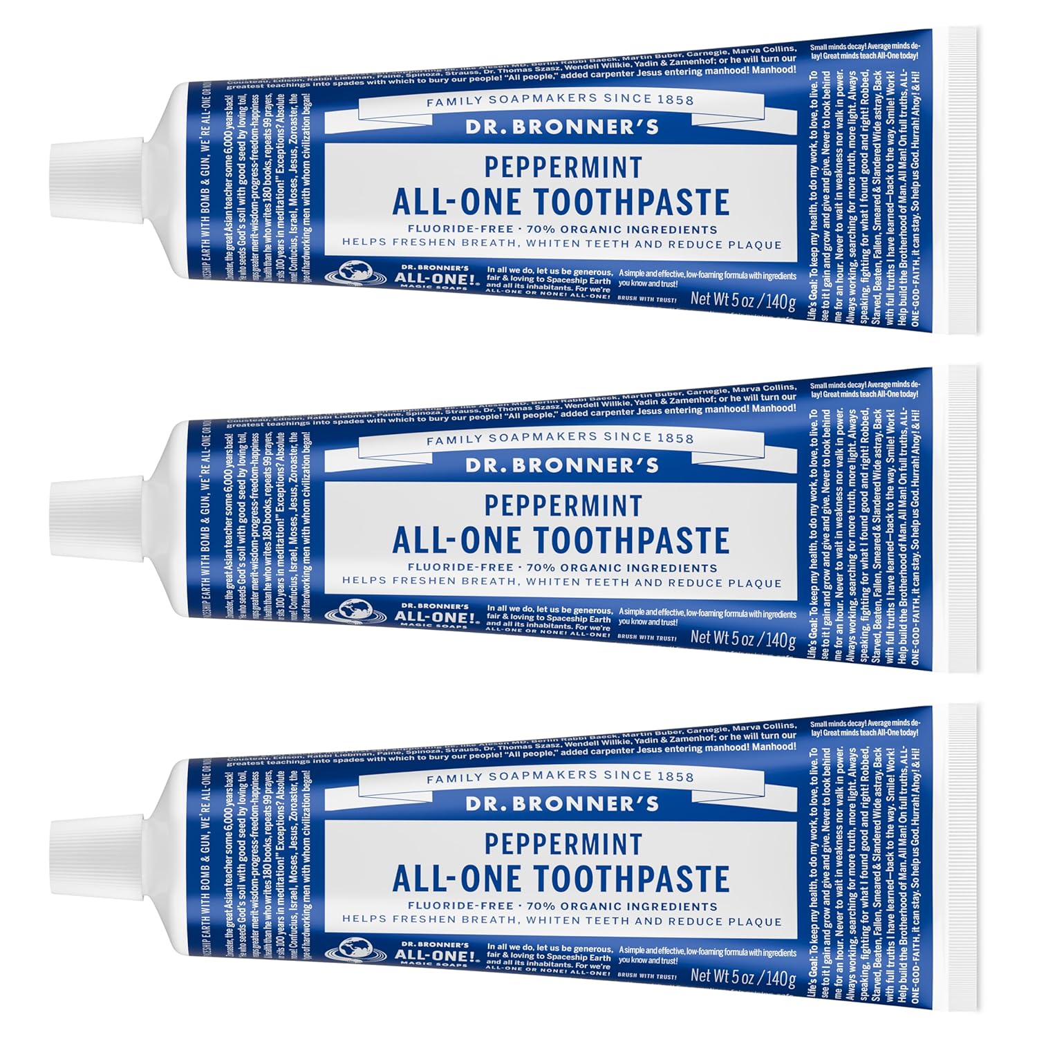 Dr Bronners All-One Toothpaste Pack of 3 Peppermint 5 oz Fluoride-Free Toothpaste for Adults SLS-Free 70 Organic Natural