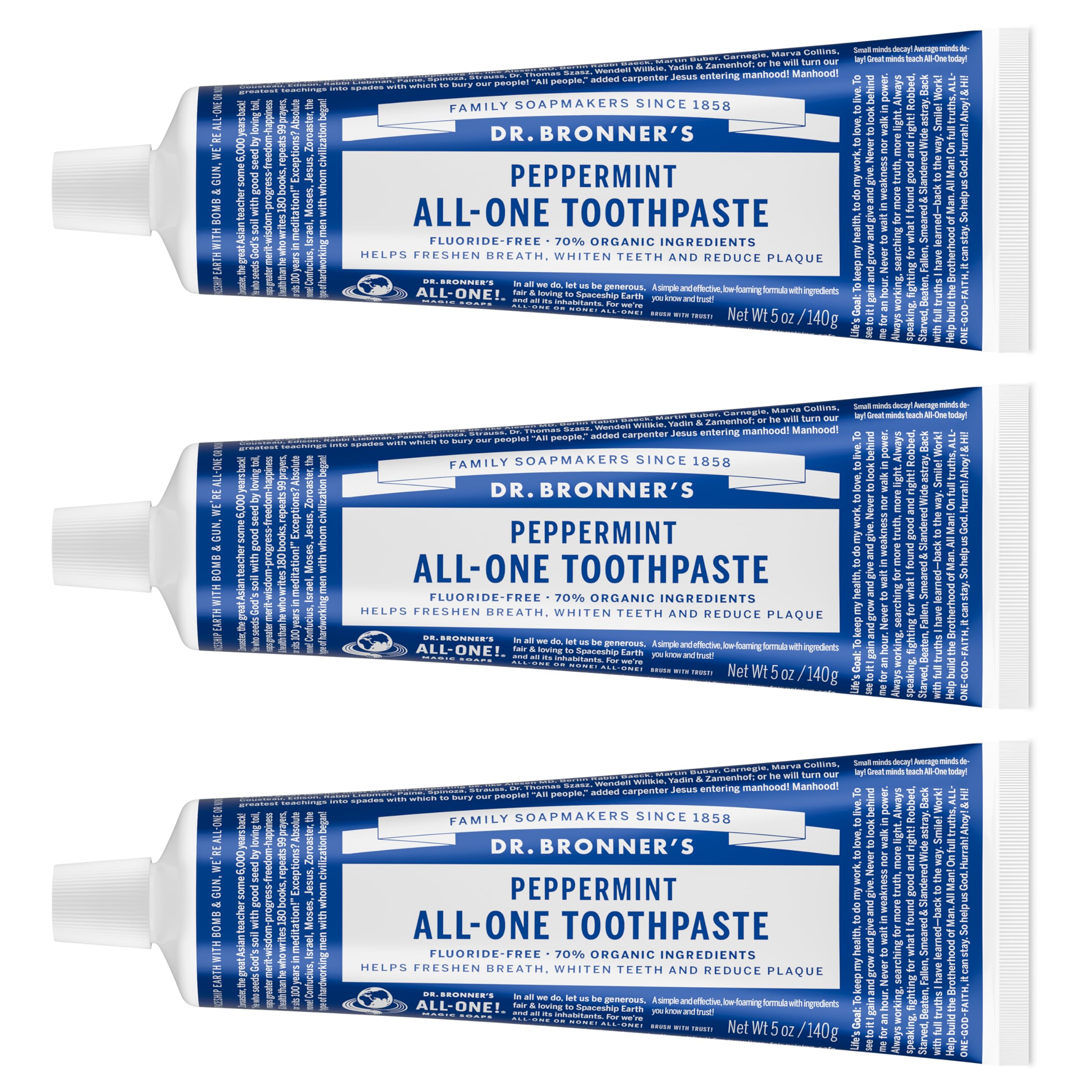 Dr. Bronner’s All-One Toothpaste Pack of 3– Peppermint, 5 oz– Fluoride-Free Toothpaste for Adults, SLS-Free, 70% Organic & Natural Ingredients, Vegan, Helps Freshen Breath & Reduce PlaqueNatrue