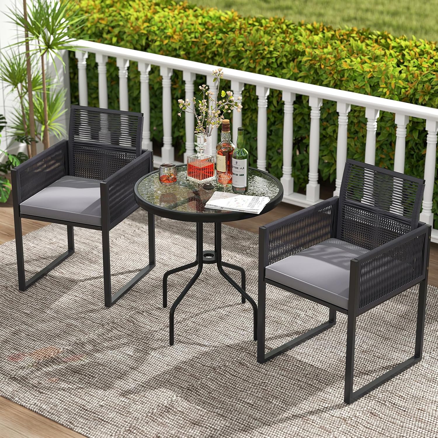 HAPPYGRILL Patio Bistro Table, 27.5" Round Outdoor Coffee Table with Tempered Glass Tabletop, 1.57" Umbrella Hole, Sturdy Metal Legs, Accent Dining Table for Garden Backyard Balcony Lawn