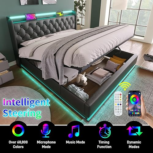 Miniatura 188 de Base de cama LED tapizada tamaño Queen, plataforma flotante de terciopelo con cabecero, MDF moderna y cama de madera contrachapada (beige-081)