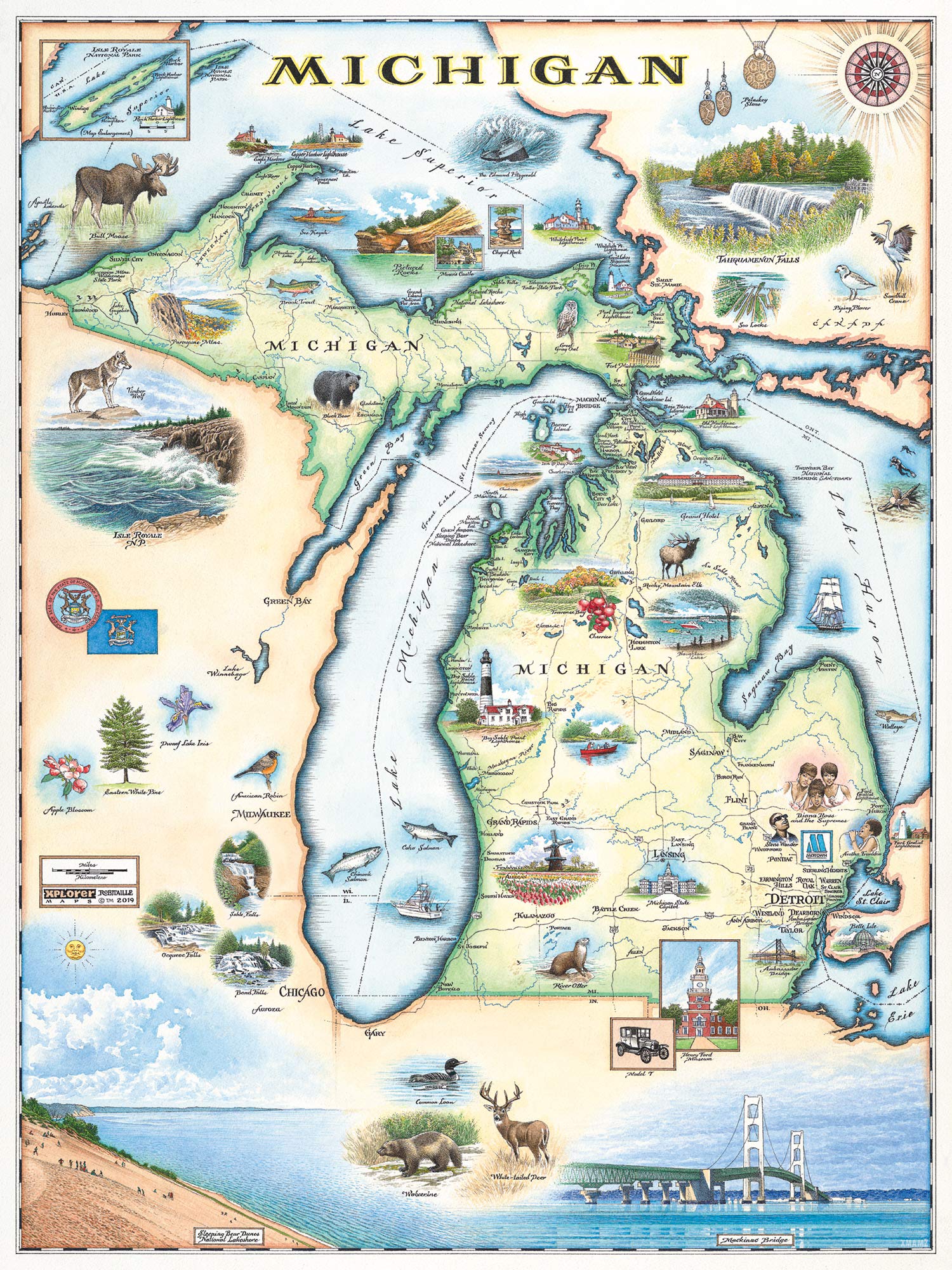 Xplorer Maps Michigan Hand-Drawn Map – 24x18 Vintage-Style Lithographic Print – Made in USA