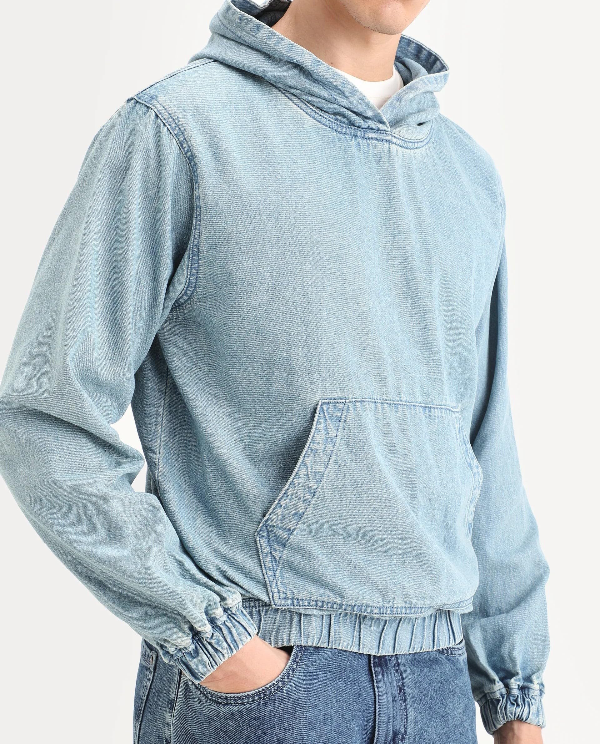 Rare Rabbit Men's Voltas Light Blue Cotton Plain Oversized Fit Full Sleeve Hooded Sweatshirt 2
