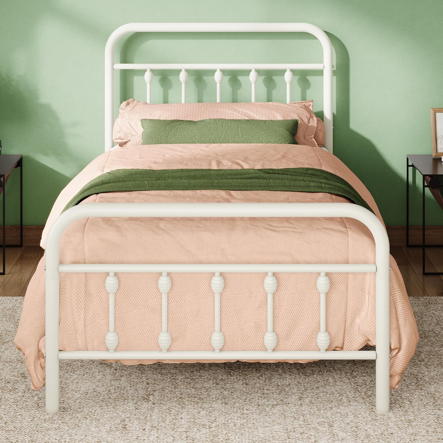 Allewie 14 Inches Twin Size Metal Platform Bed Frame with Victorian Style Iron-Art Headboard/Footboard, Mattress Foundation, Easy Assembly, Under Bed Storage, No Box Spring Required, Off White