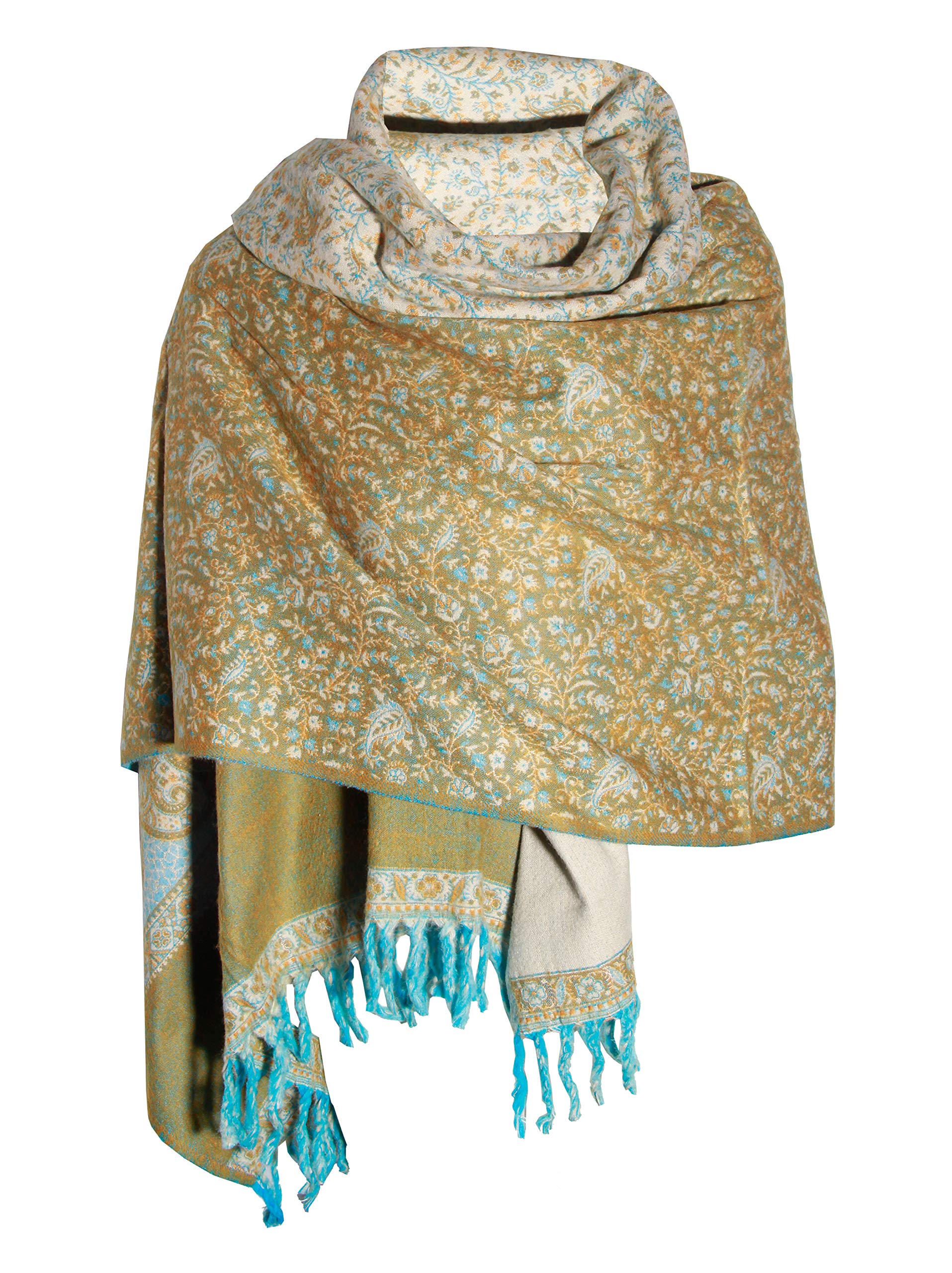 TIBET Handgefertigter Schal mit Blumenmuster, Übergröße, wendbar, weicher und warmer Winterschal aus reiner Yakwolle, Limettengrün, grün, One size