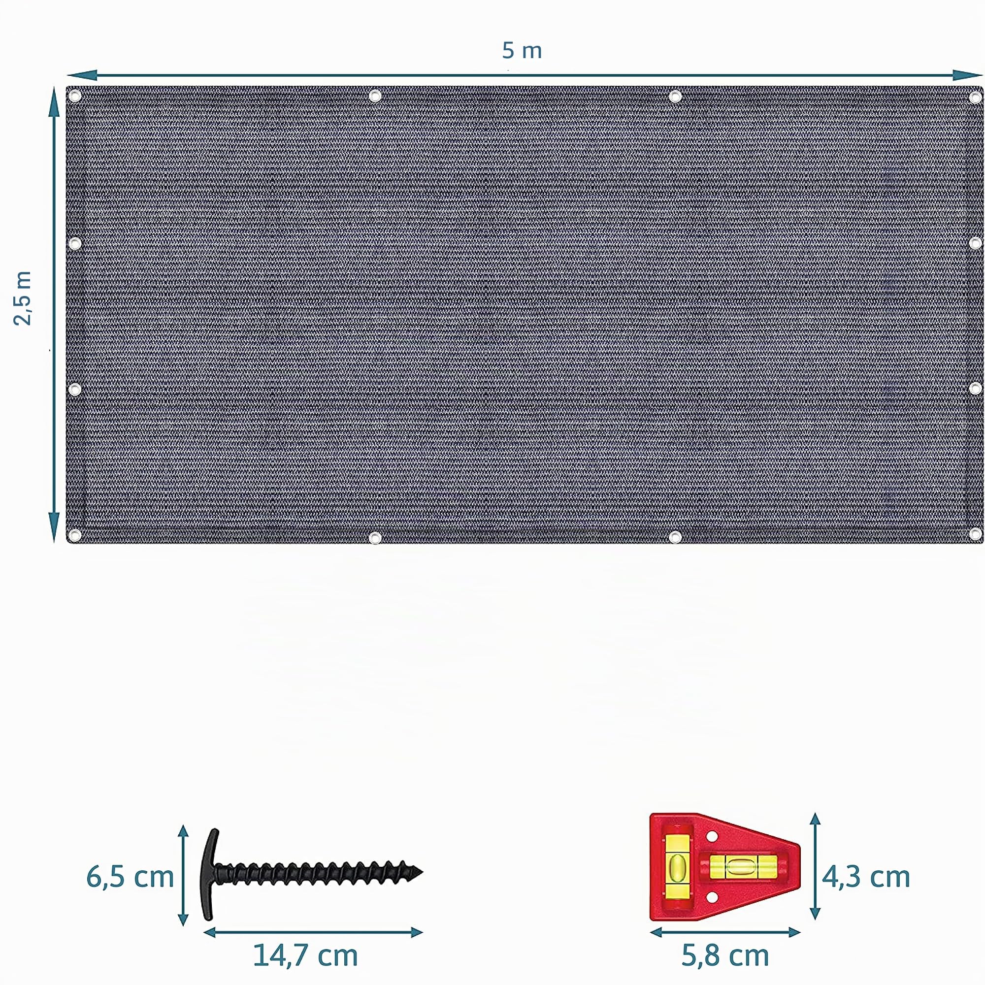 Alfombra De Toldo - Suelo De Polietileno Azul / Gris (Hdpe) Con Ojales De Acero Inoxidable - Muy Robusta Y Lavable - Incluye Bolsa De Transporte Y 8 Clavijas En Forma De T - Además: 1X Nivel De Burbuja Cruzada