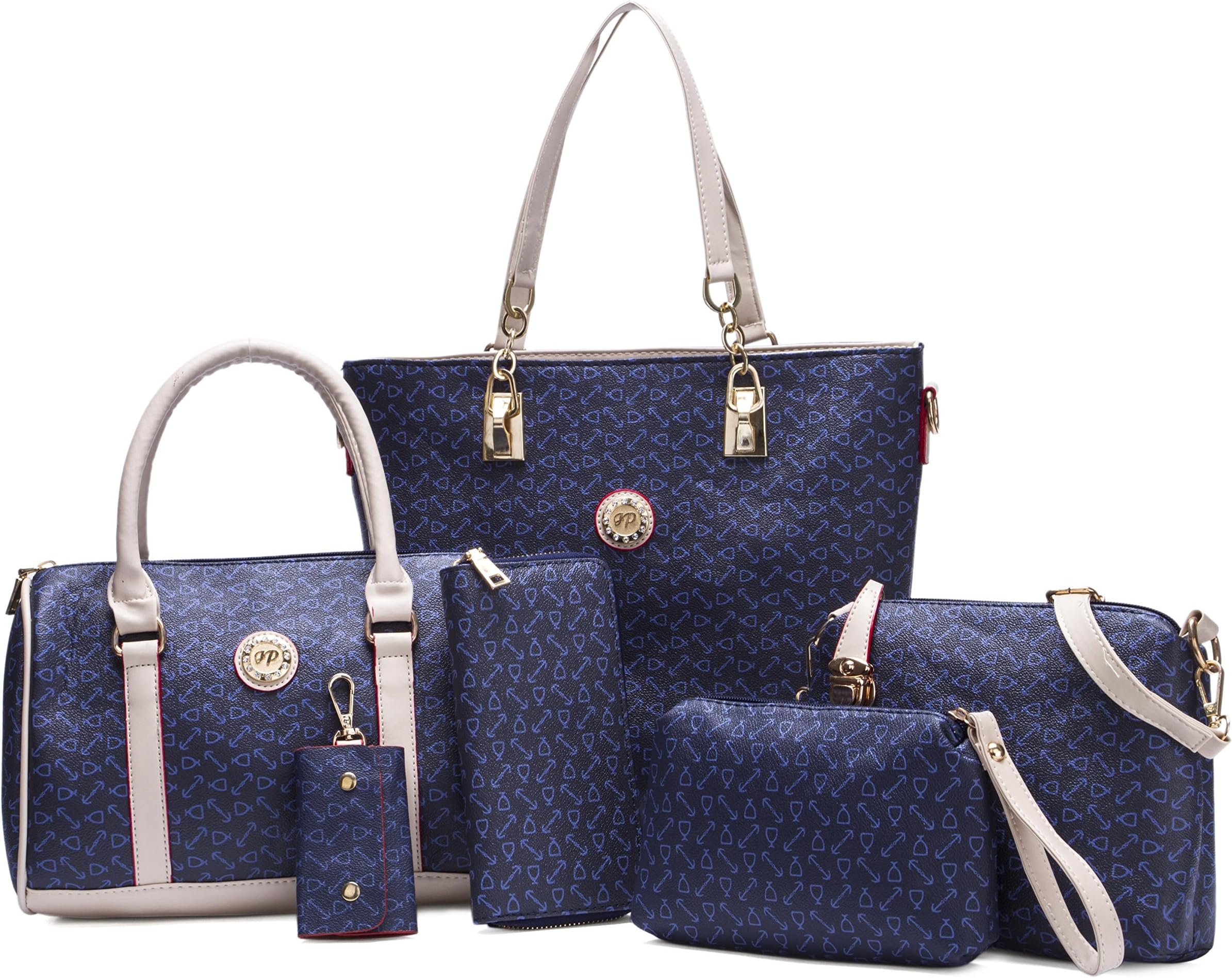 BAIGIO Women Totes 6 Pieces Set Women Handbag Cross-Body Pouch Purse Wallets (Dark Blue)