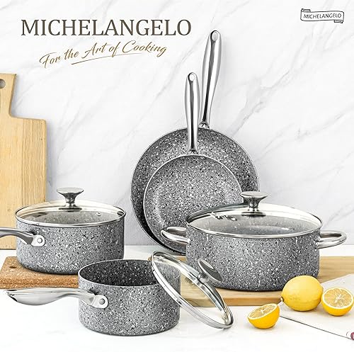Miniatura 10 de MICHELANGELO Juego de utensilios de cocina de piedra de 10 piezas juego de ollas y sartenes ultra antiadherentes con revestimiento derivado de