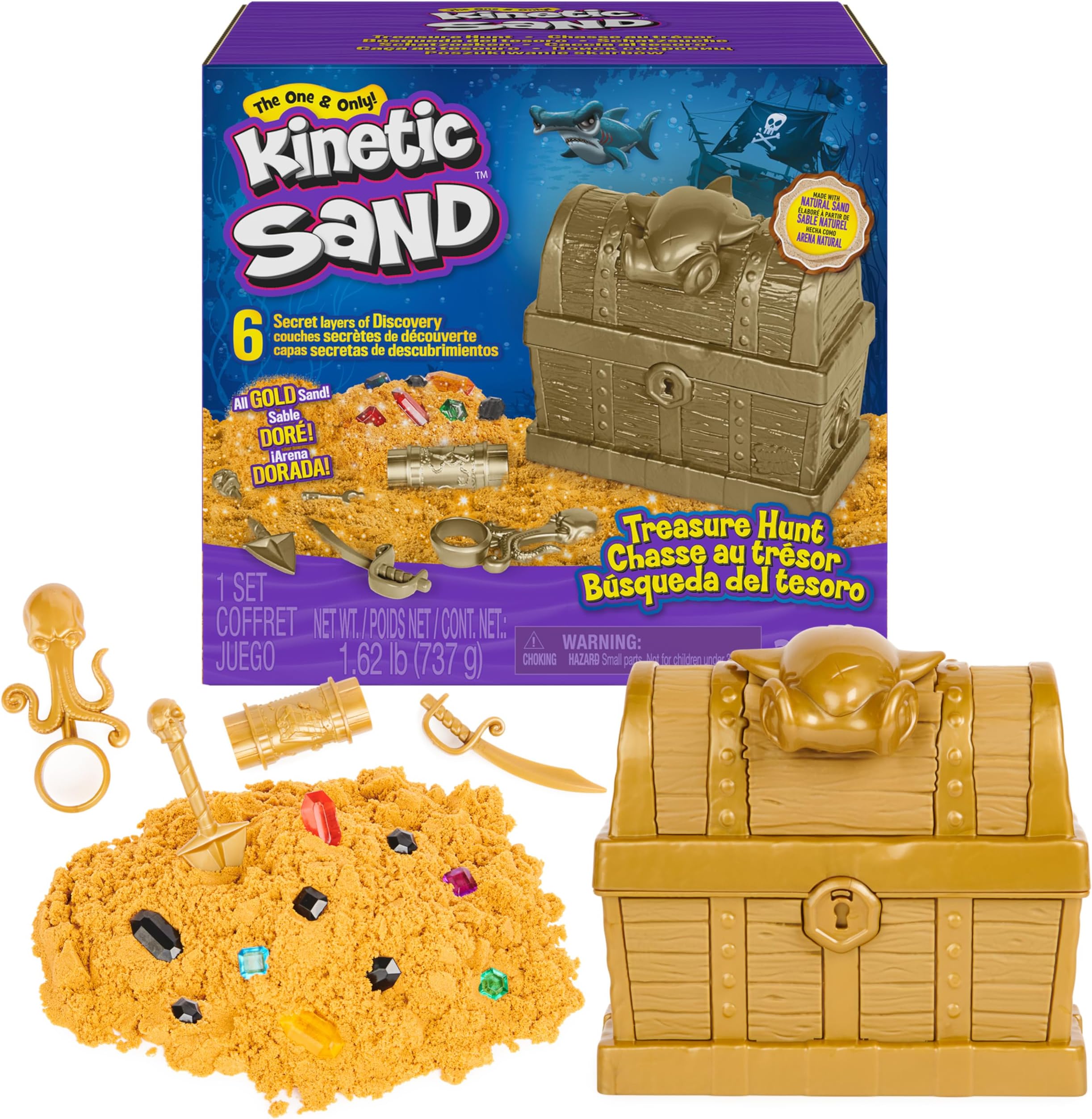 Kinetic Sand, Treasure Hunt with 14 Surprise Reveals & 1.62lbs Rare Shimmer Gold Play Sand, Sensory Toys for Kids Ages 3 and up