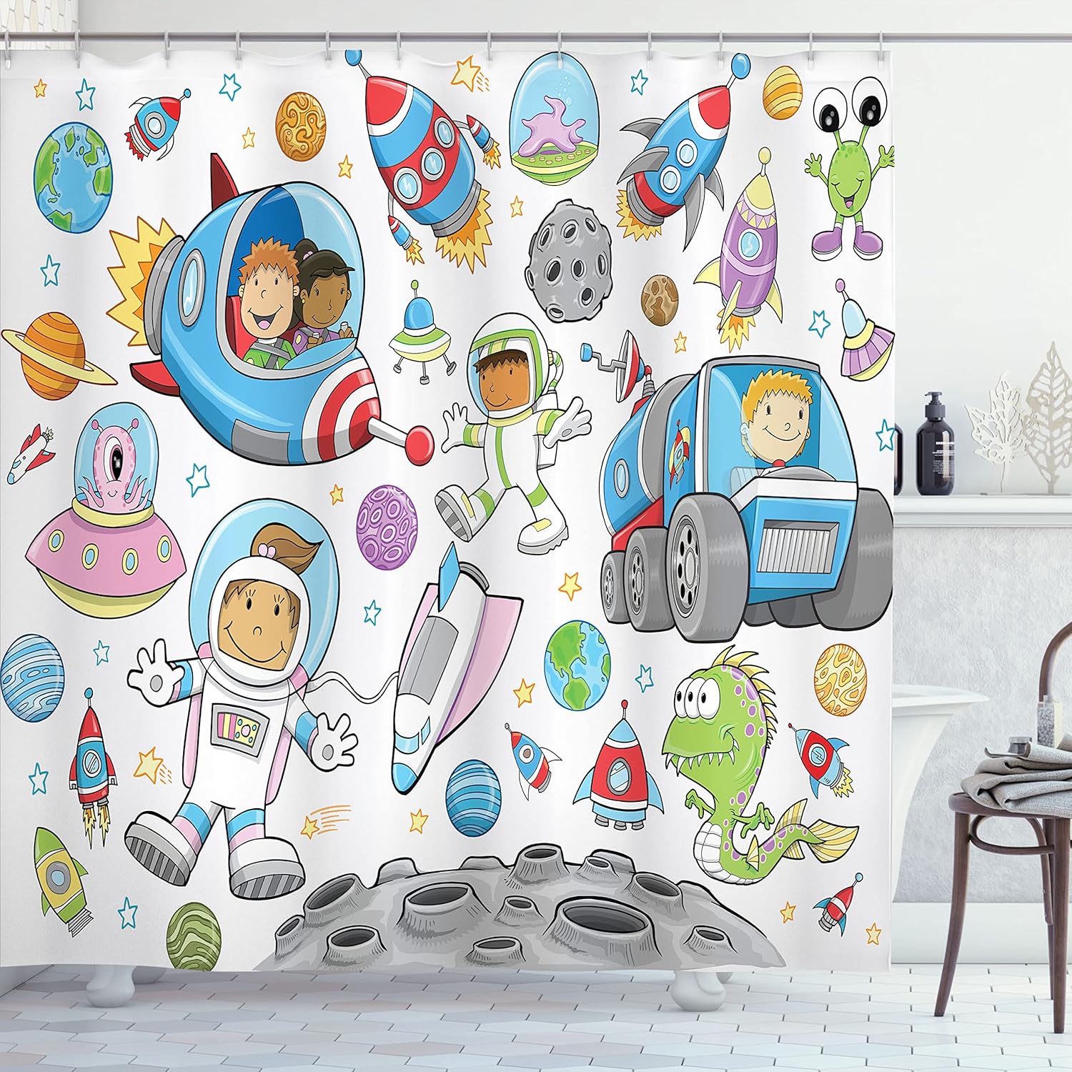 Ambesonne Outer Space Shower Curtain, Deep Space Astronaut Girl Boy Aliens Rockets on Moon Theme, Cloth Fabric Bathroom Decor Set with Hooks, 69" W x 84" L, White Blue Grey