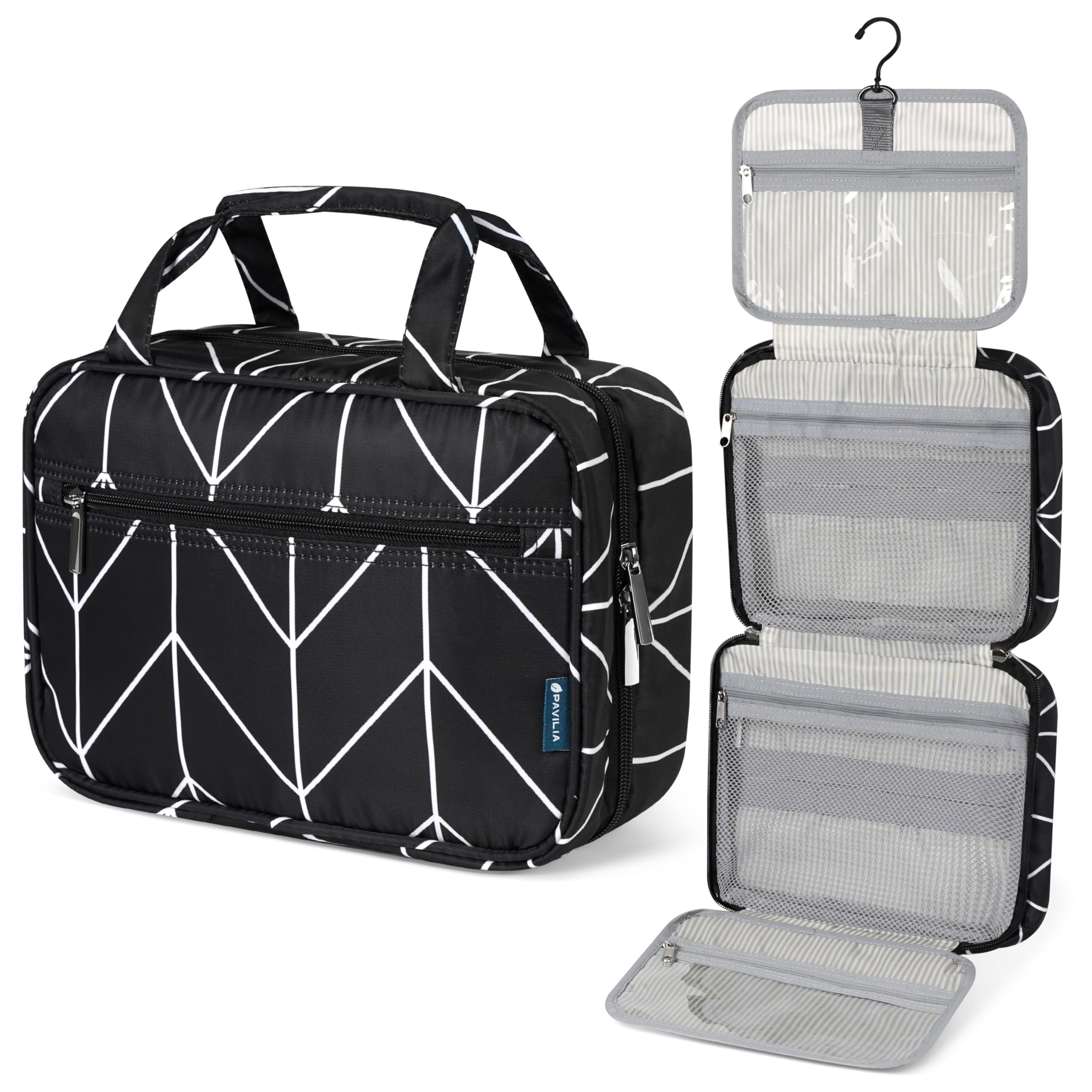 PAVILIA Neceser colgante de viaje para mujeres y hombres, organizador de cosméticos plegable, resistente al agua, accesorios de tocador, kit de artículos de tocador grande, Negro (Chevron), Talla