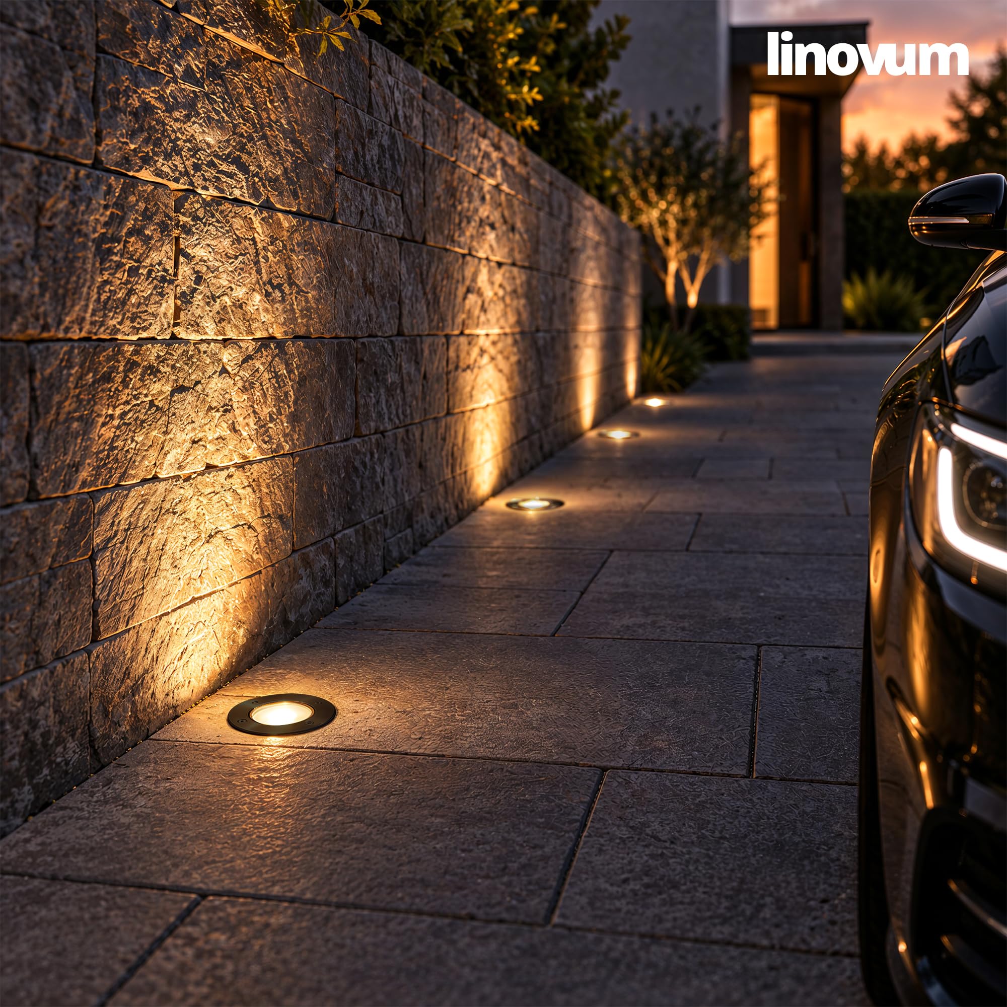 linovum 4 Stück BORU Bodeneinbauleuchten Außen IP67 mit LumiFLEX LED GU10 6W warmweiß + neutralweiß + tageslicht - 4x Bodenspots schwarz 230V kratzfest mit Kabel