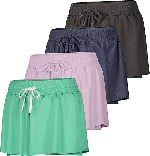 Real Essentials Paquete de 4 pantalones cortos para correr para mujer, holgados, de ajuste seco, para gimnasio, yoga, entrenamiento, verano