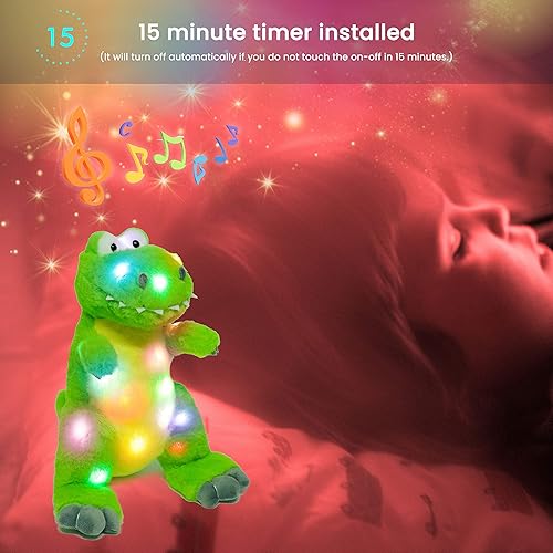 Miniatura 6 de Hopearl Juguete de peluche LED musical T-Rex de dinosaurio que ilumina y canta, volumen ajustable, canción de cuna, animado, calma, festival de