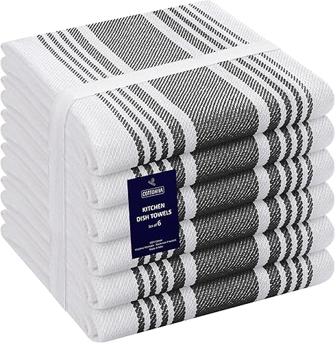COTTONIVA Juego de toallas de cocina negras, paquete de 6 paños de cocina de algodón para secar platos de 16 x 26 pulgadas, toallas de mano de