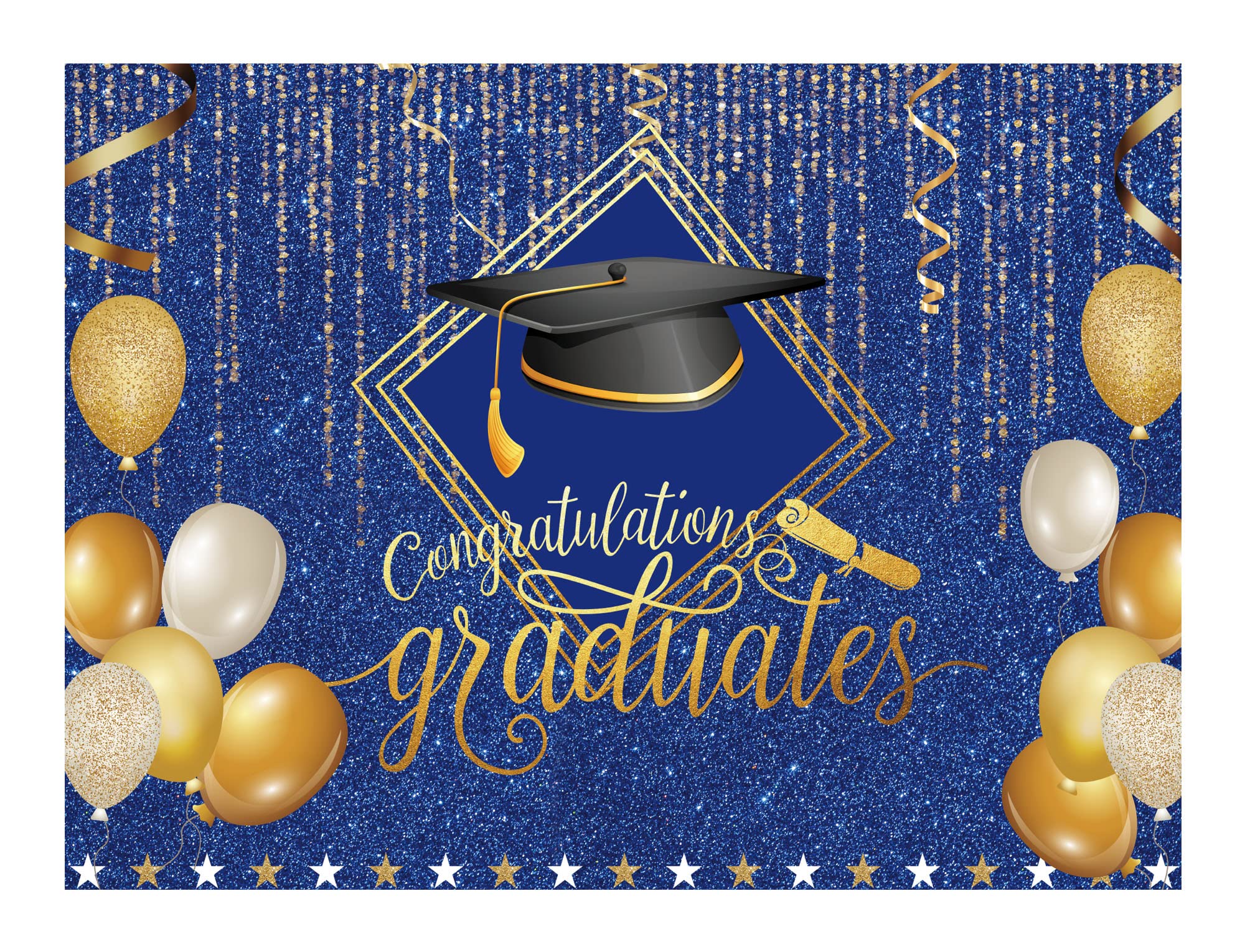 Funnytree 96" x 72" 2026 Class Graduation Backdrop for Photography Gold and Blue Bachelor Cap Balloon Grad Congrats Party Banner Background for