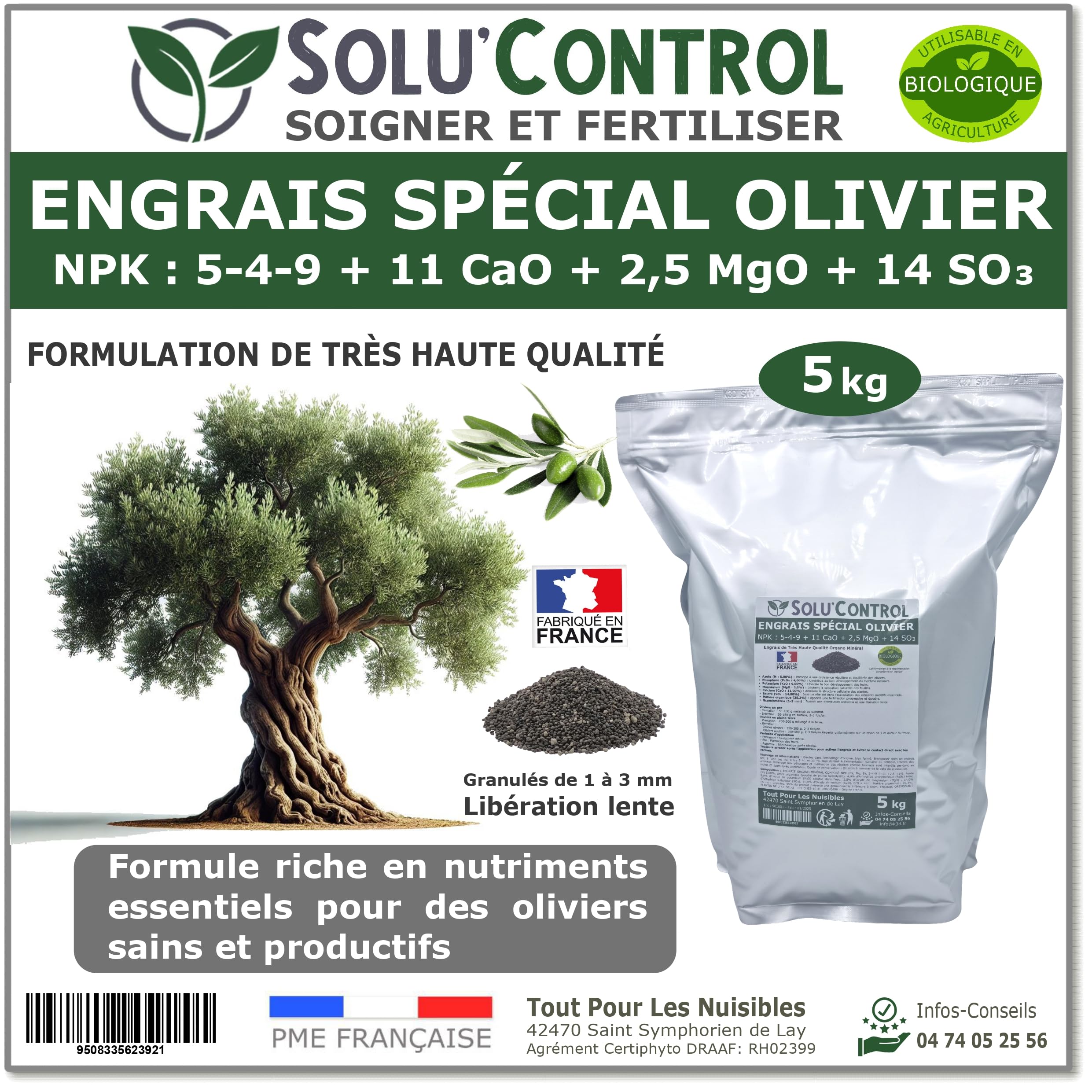 ENGRAIS Spécial OLIVIER 5 kg - SoluControl - Formulation haute qualité Organo-Minerale - NPK 5-4-9 - Utilisable en Agriculture BIOLOGIQUE