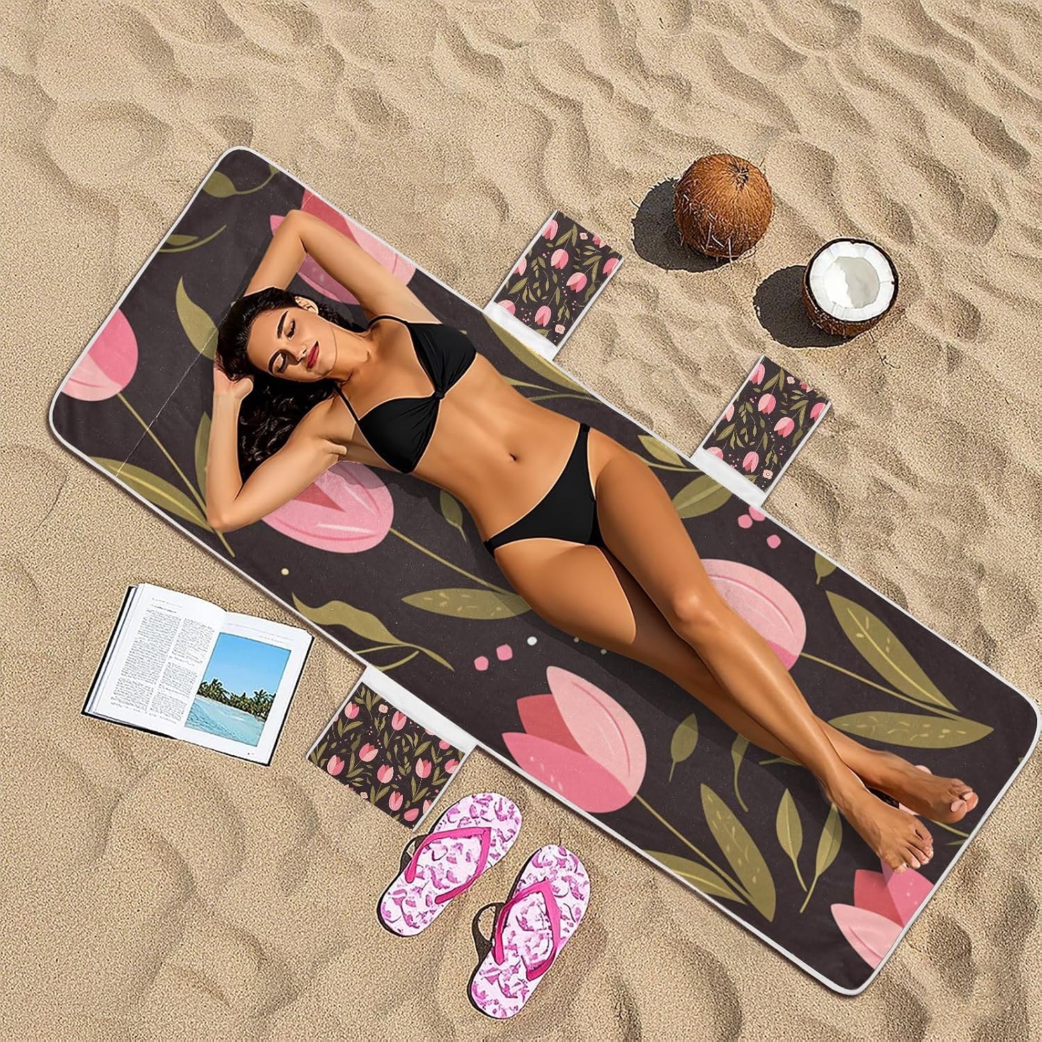 Pink Tulipa Green Leaves Flat Illustration Style Patio Chaise Lounge Chair Cover Microfiber Soft Outdoor Seating Covers Towels with Pockets for Pool Sunbathing Beach Garden, 85" X 30"