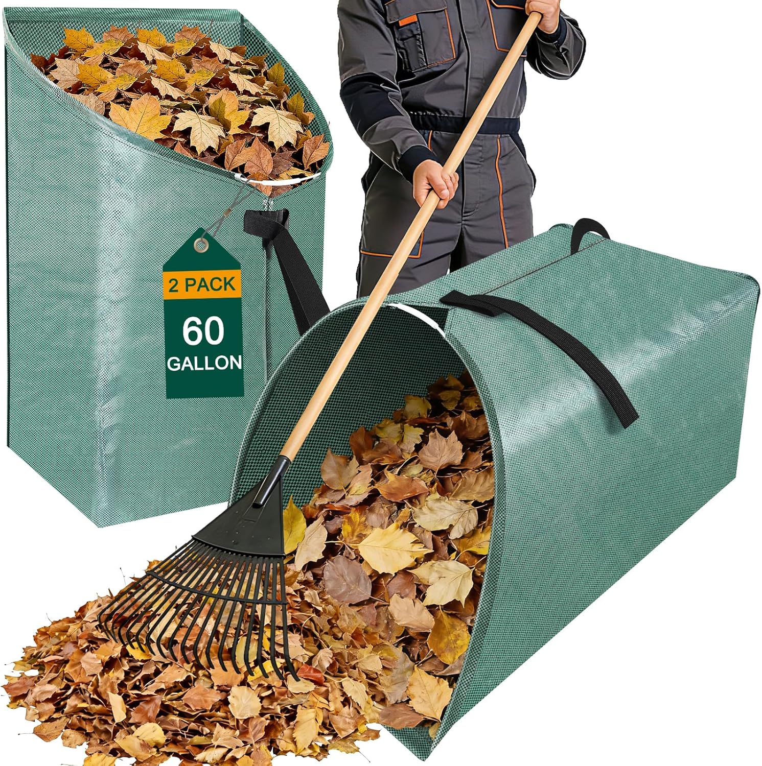 2 Pack 60 Gallon Large Leaf Collector, Dustpan-Style Lawn and Leaf Bags, Collapsible Yard Waste Bags Easy Storage & Transport, Reusable Leaf Pick Up Garden Bag for Leaves Grass Debris Lawn Trash