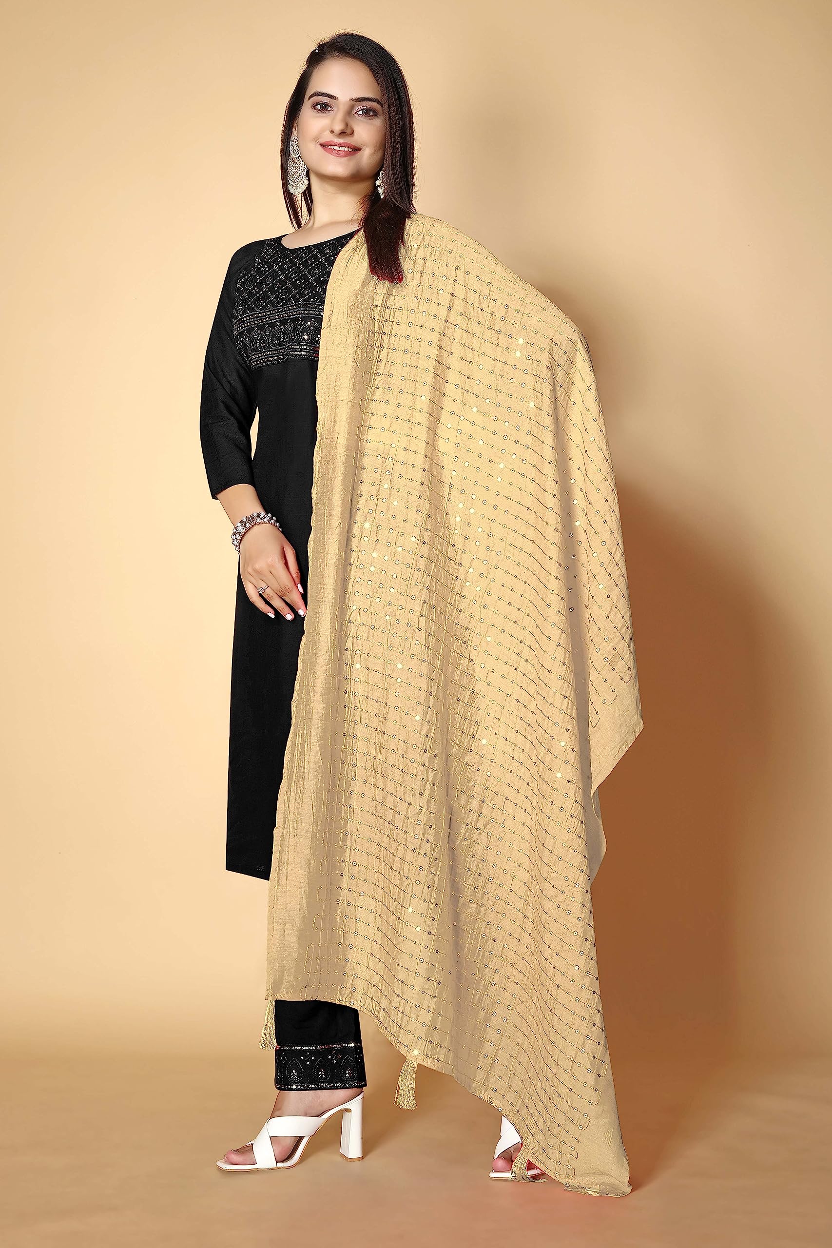 KEMZA Women's Embroidered Mirror Cotton Dupatta (Gold_Free size) with Rajasthani Aari Work - Image 3 thumbnail