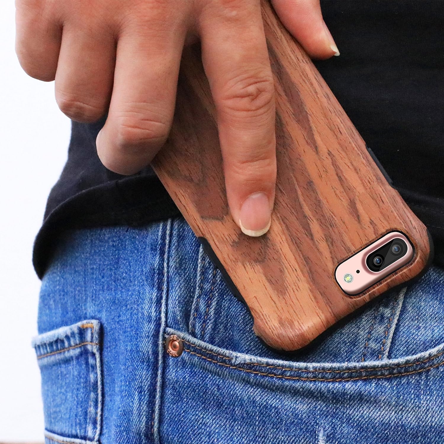 NeWisdom iPhone 8 Plus case Wooden, iPhone 7 Plus Case Wood, Shockproof Unique Hybrid Rubberized Cover [ Wood Over Rubber] Soft Real Wood Case for Apple iPhone 8Plus iPhone 7Plus – Sandalwood