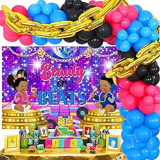 Beauty or Beats Gender Reveal Decorations Kit, 80s 90s Baby Shower Decorations - Balloon Garland Arch, Gold Foil Chain Balloons, Hip Hop Themed Back Drop