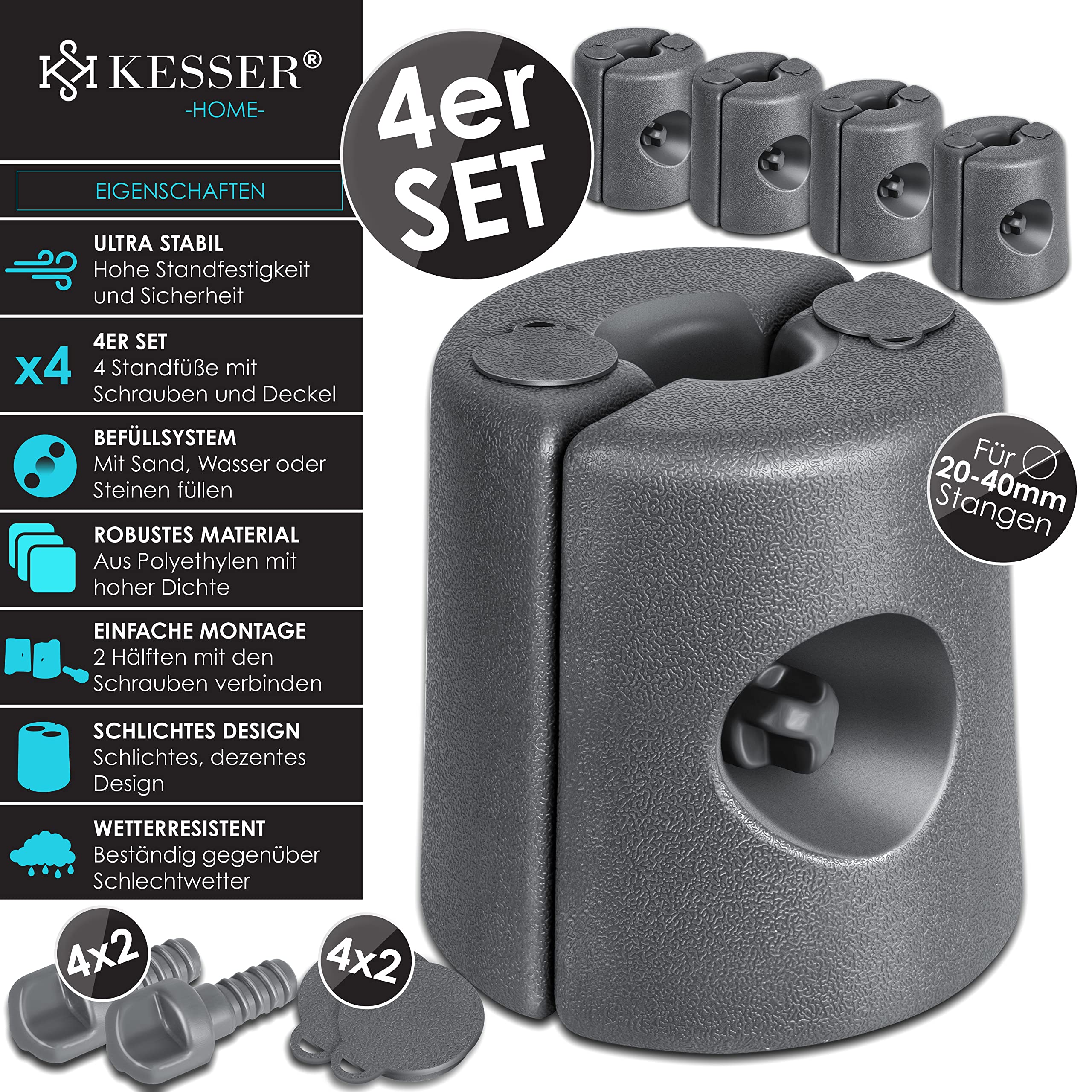 KESSER® Soportes para Pabellón Conjunto de 4 Soportes | de Pabellón Rellenables con Agua/Arena 22 x 22 x 25cm Pesos HDPE para Estabilización de Carpas de Jardín Cenadores, Antracita