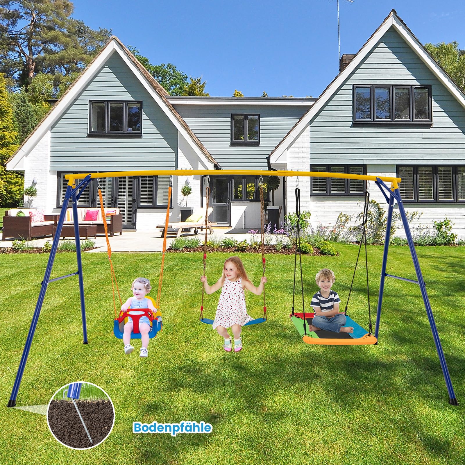 COSTWAY Schaukel mit Gestell Outdoor, Schaukelgestell Metall mit Erdspießen | Schaukelgerüst mit Nestschaukel, elastischer Kinderschaukel & Babyschaukel, Outdoor Schaukel für Kinder, 350 x 182 x 188 cm