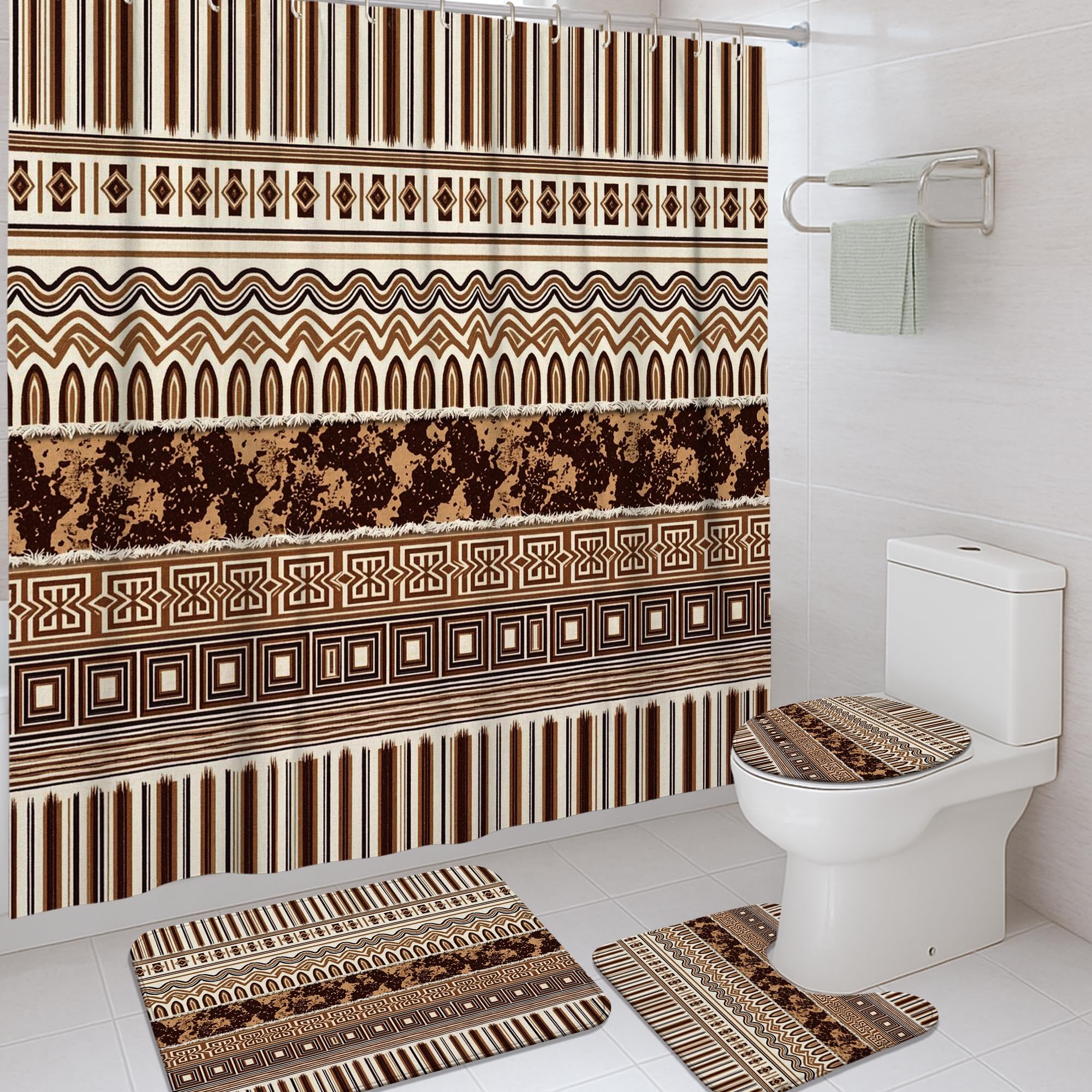 Ensemble rideau de douche haut de gamme à rayures et motifs géométriques traditionnels