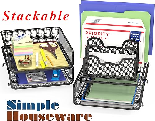 Miniatura 6 de SimpleHouseware - Paquete de 3 bandejas apilables para documentos de escritorio con 5 compartimentos, color plateado