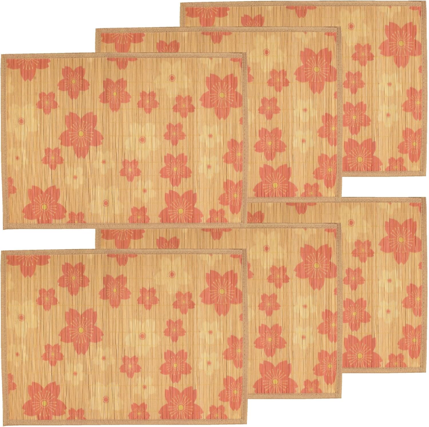 BambooMN Premium Bamboo Slats Placemat with Fabric Border - Floral Print - 12" x 17.5" - Peach Blossom, 6 pcs